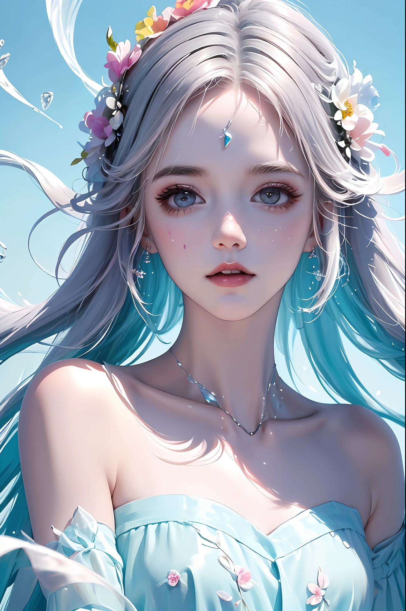 (Pink fashion T-shirt: 1.9), (Colorful hair: 1.8), (Rainbow all colors: 1.8), (((Vertical painting: 1.6))), (Painting: 1.6), Front, manga, illustration, painting, big eyes, crystal clear, (rainbow gradient high ponytail: 1.7), delicate makeup, shut up, (small freshness: 1.5), (bandeau: 1.6), long eyelashes, white off-the-shoulder T- shirt, White Shoulder Shirt, looking at the audience, Big watery eyes, (rainbow hair: 1.6), color splash, (solo:1.8), color splash, color explosion, colour splash, color explosion, thick lacquer style, messy lines, ((shining)), (colorful), (colorful), (colorful), colorful, Thick Paint Style, (Splash) (Color Splash), Vertical Painting, Upper Body, Paint Splash, Acrylic Pigment, Gradient, Paint, Highest Image Quality, Masterpiece, Solo, Depth of Field, Face Paint, colorful clothes, (elegance: 1.2), gorgeous, long hair, wind, (elegance: 1.3), (petals: 1.4), ((masterpiece))), ((best quality))), (ultra-detailed), (illustration), (dynamic angle), (floating), (paint), ((loose hair)), (solo), (1girl), ( ( ( detailed anima face))), (( Beautiful detailed face)), collar, exposed shoulders, white hair, ((colored hair)), ((striped hair)), beautiful detailed eyes, (gradient eyes), (colored eyes))), (colored background))), (high saturation))), ((surrounded by colorful splashes))),