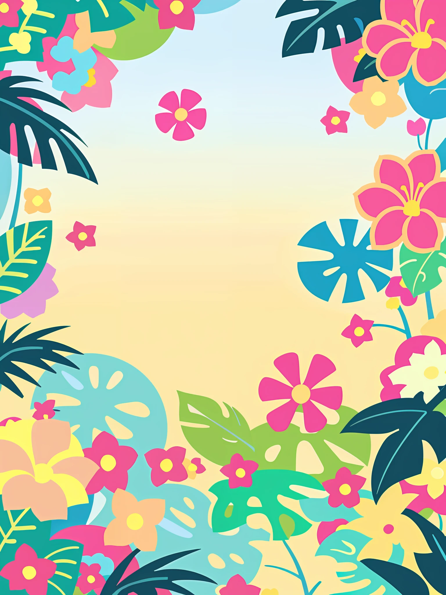 florals，Printing，Soft beige，pastel pink，Tropical plants,flatillustration，GUI，Maximalism，Bright color scheme