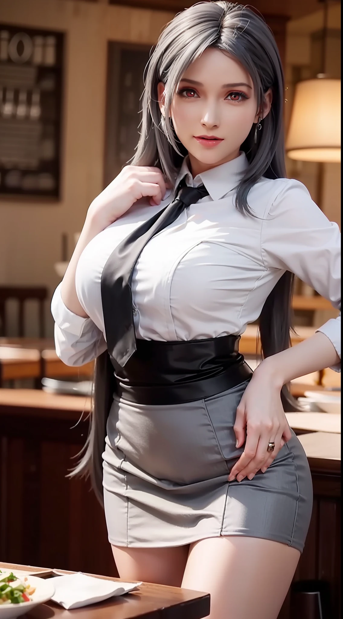 sakuyarindou768 (Wearing business outfit,formal jacket,neck tie, tie,white shirt, skirt, heels,High waist Skirt)( big perfect round breasts,hourglass body, thin waist,btpt-fc,Photo realistic, (hyperrealistic:1)beautiful, masterpiece, best quality, extremely detailed face, perfect lighting,detailed eye makeup, detail face, nice detailed eyes,nice hands, perfect hands (realistic pupils,realistic iris:1) heavy eye makeup,gray hair,long hair,bue eyes, (working at a restaurant, background restaurant)