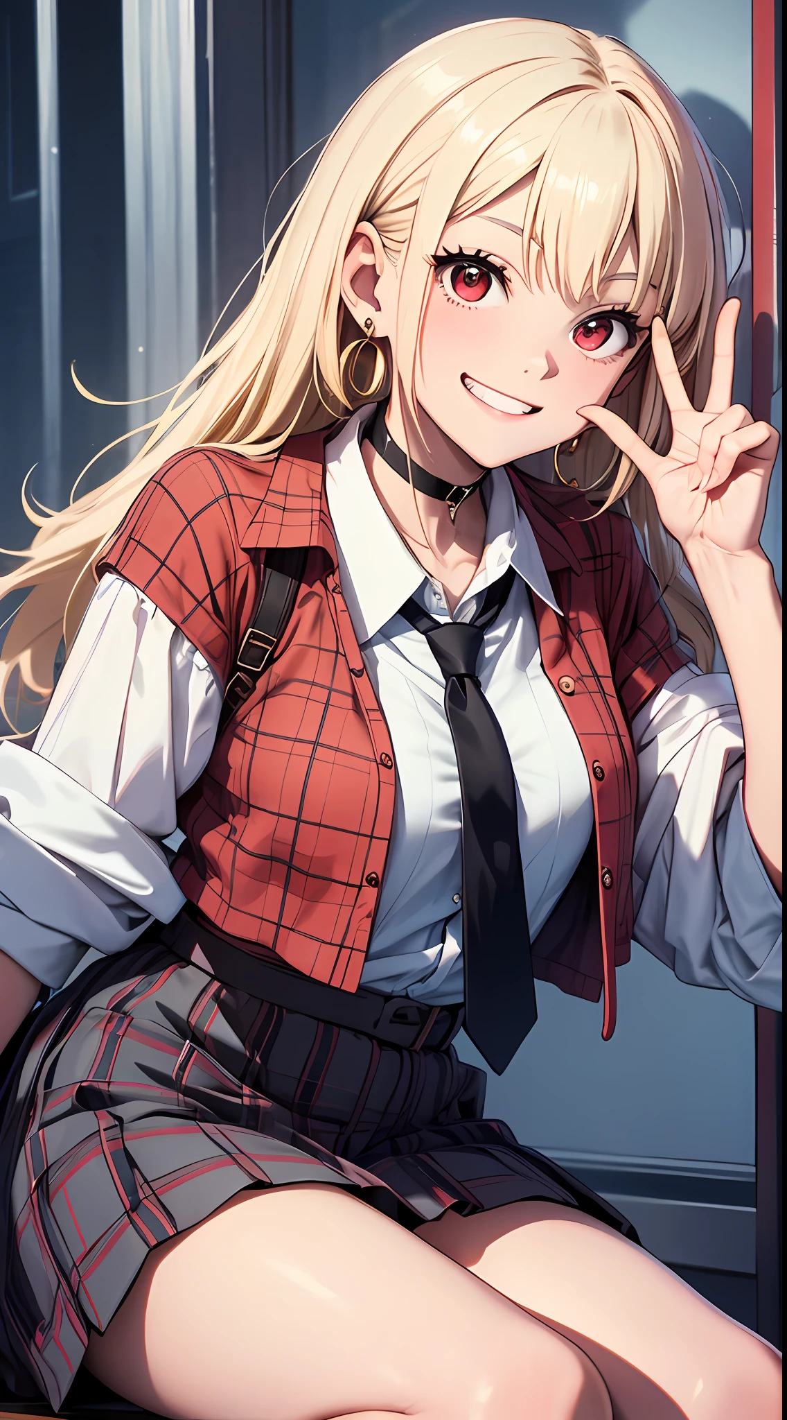 masterpiece, best quality, highres, kitagawa marin, 1girl, blonde hair, long hair, multicolored hair, red eyes, jewelry, earrings, piercing, school uniform, white shirt, tied shirt, black choker, blue necktie, plaid skirt, leaning forward, grin, peace sign
