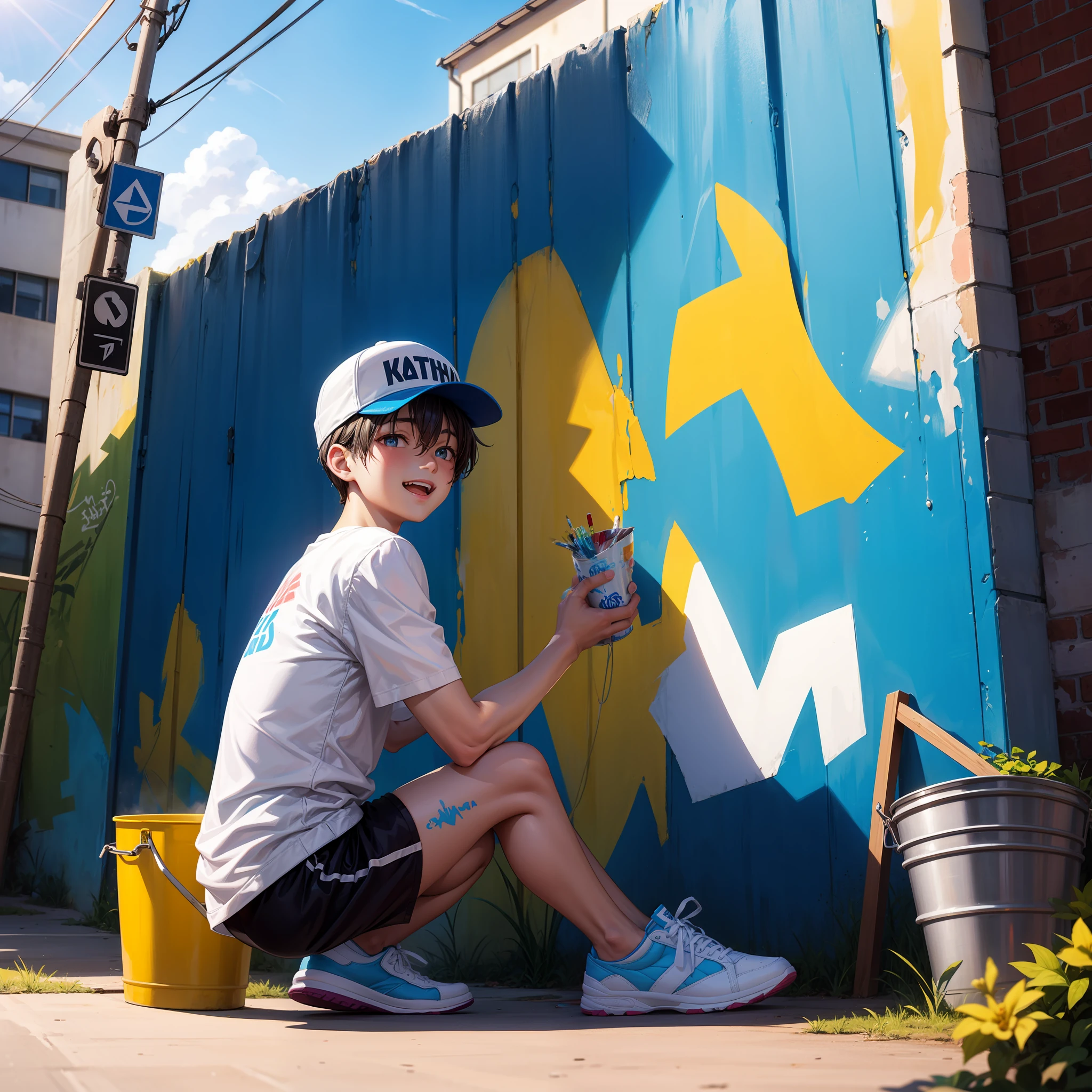 A 15-year-old boy paints in an alley，cap，White top，shorter pants，Laugh，Shota，athletic sneakers。and the sun was shining brightly，Back alley、Graffiti artist spray painted wall，paint splatter，blue-sky，fisheyelens，Colorful，On the ground lay a bucket of paint，Brush in hand，A high resolution，Master masterpieces