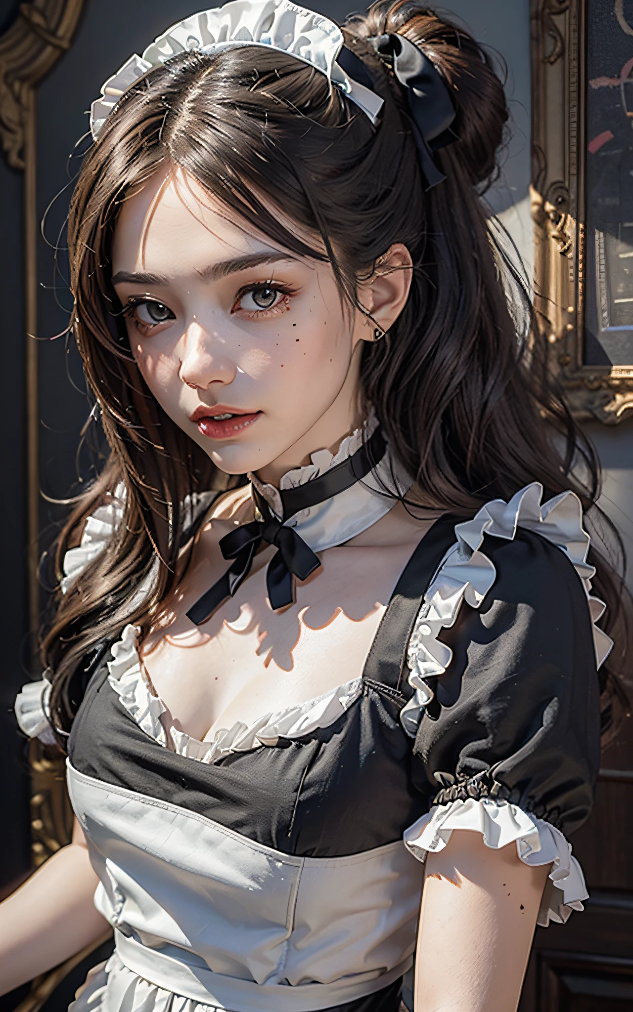 (Raw foto:1.2), masterpiece, in 8K, hight resolution, (Photorealsitic:1.4), Woman with realistic face, extremely detailed eye and face, beatiful detailed eyes, Realistic face, hight resolution, ighly detailed, top-quality, masterpiece, ighly detailed,, magnifica, mansion, top-quality, 电影灯光, poneyTail, Mole, a 20 yo woman, (ssmile:0.5), Head dress, a black ribbon, puff sleeves, collars, a choker, Apron with detailed ruffles, Black Maid Costume, full back panties,