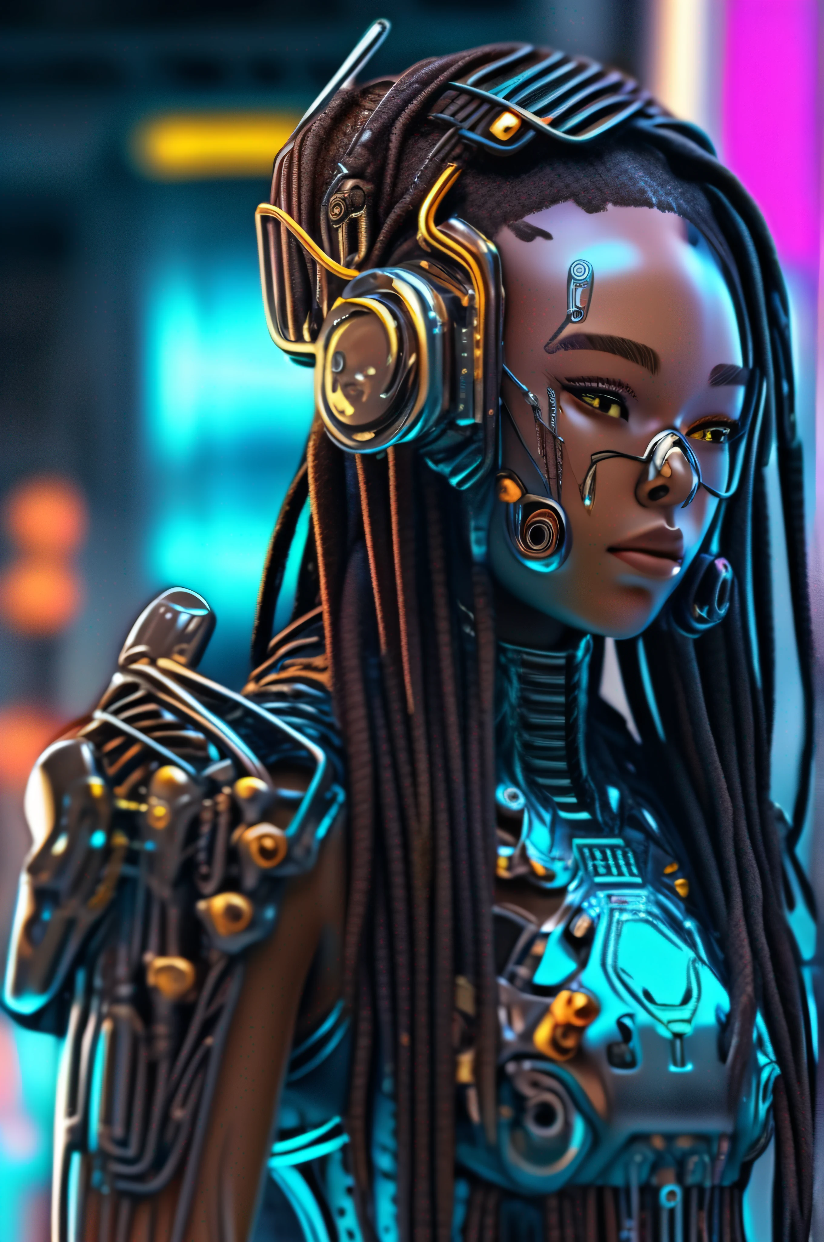 masterpiece, best quality, upper body, close-up of a fantastic looking cyborg girl in a fantastic cyber helmet with dreadlocks neon inserts with glass and metal, in glossy color with elegant details, HDR, ray tracing, rich details of light and shadow, outside, extremely detailed, random camera angle