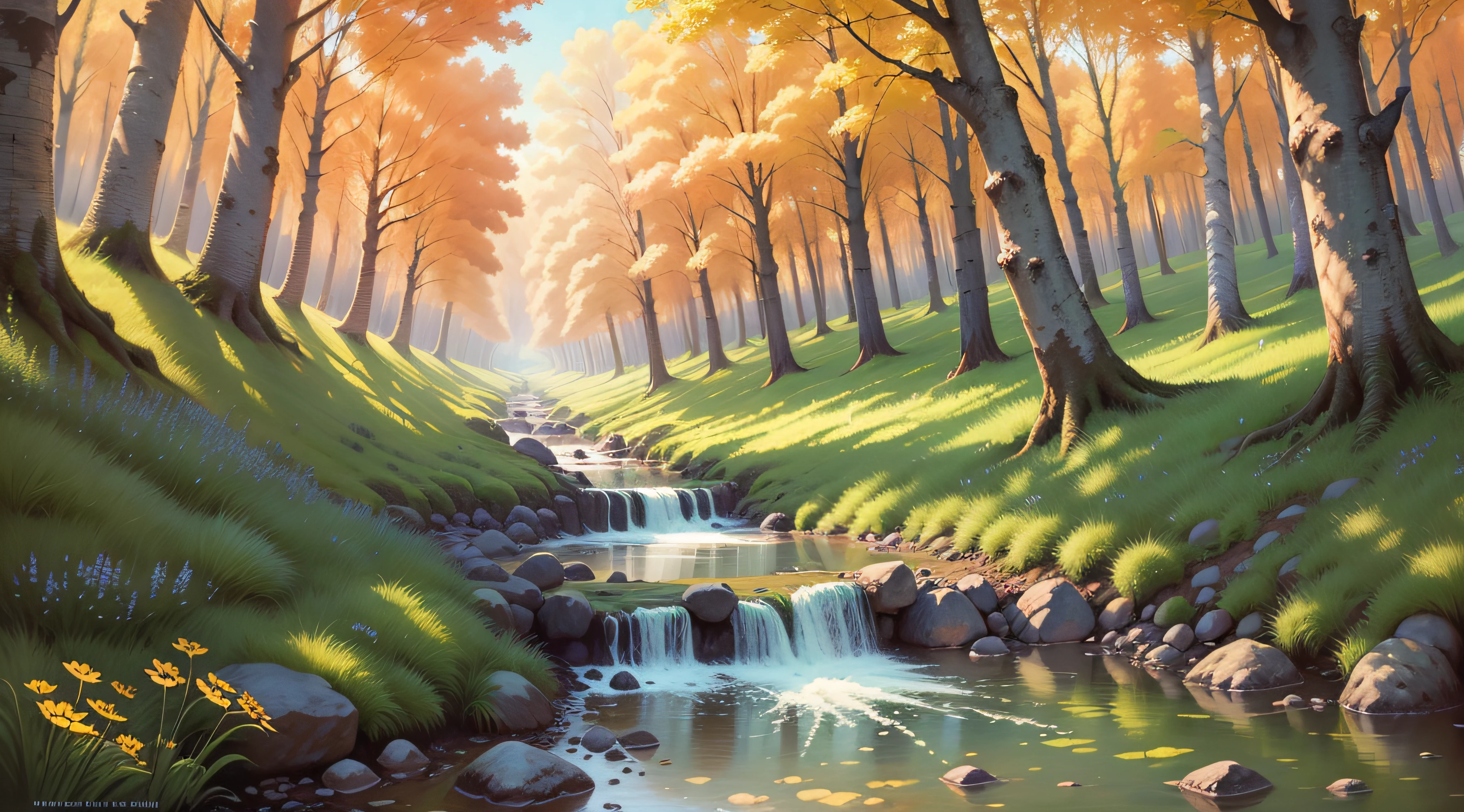 blue sky, stream, sunshine, summer meadow, trees, forest, oil on canvas, bright, sunny, colorful, summer day, ethereal, wall paper