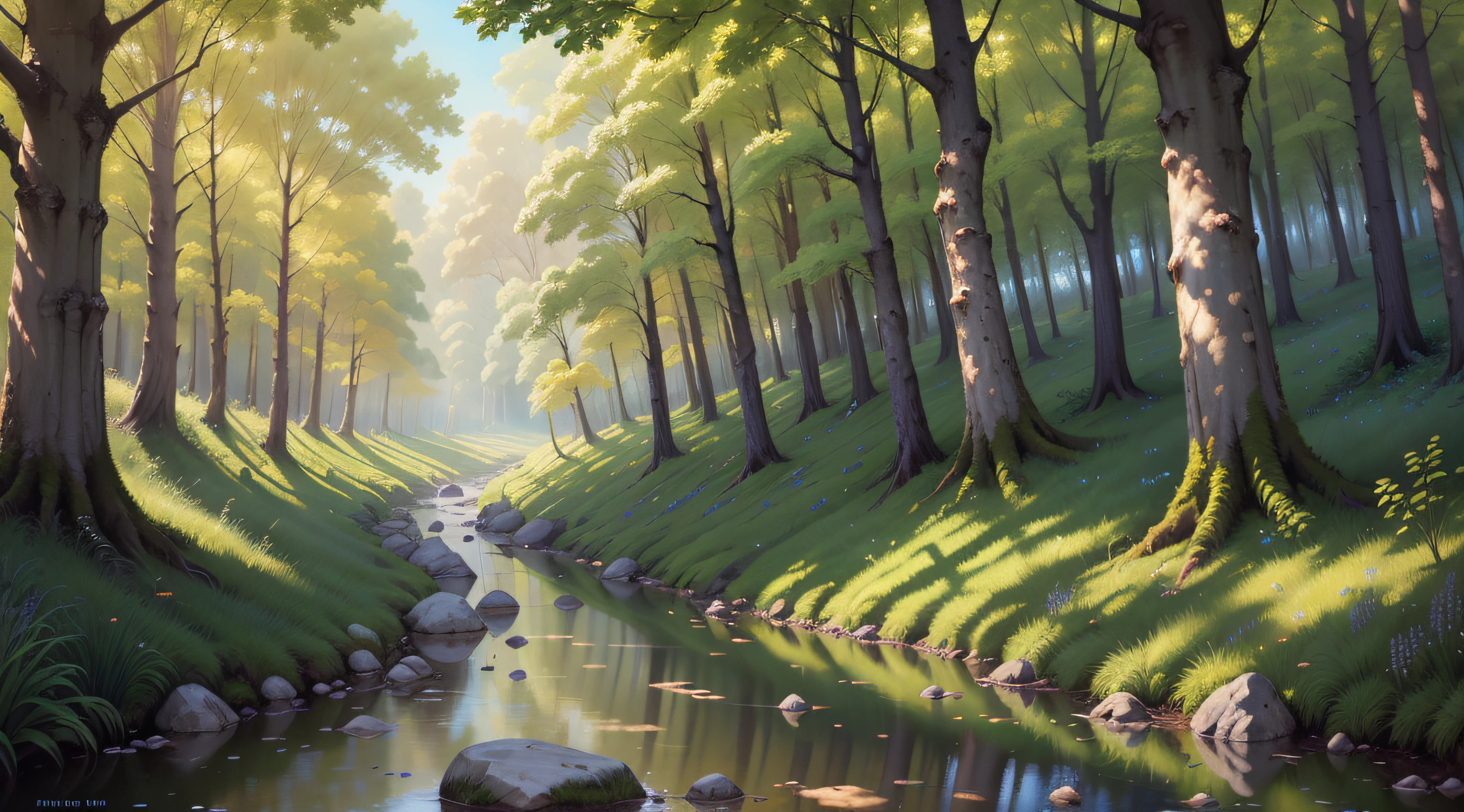 blue sky, stream, sunshine, summer meadow, trees, forest, oil on canvas, bright, sunny, colorful, summer day, ethereal, wall paper