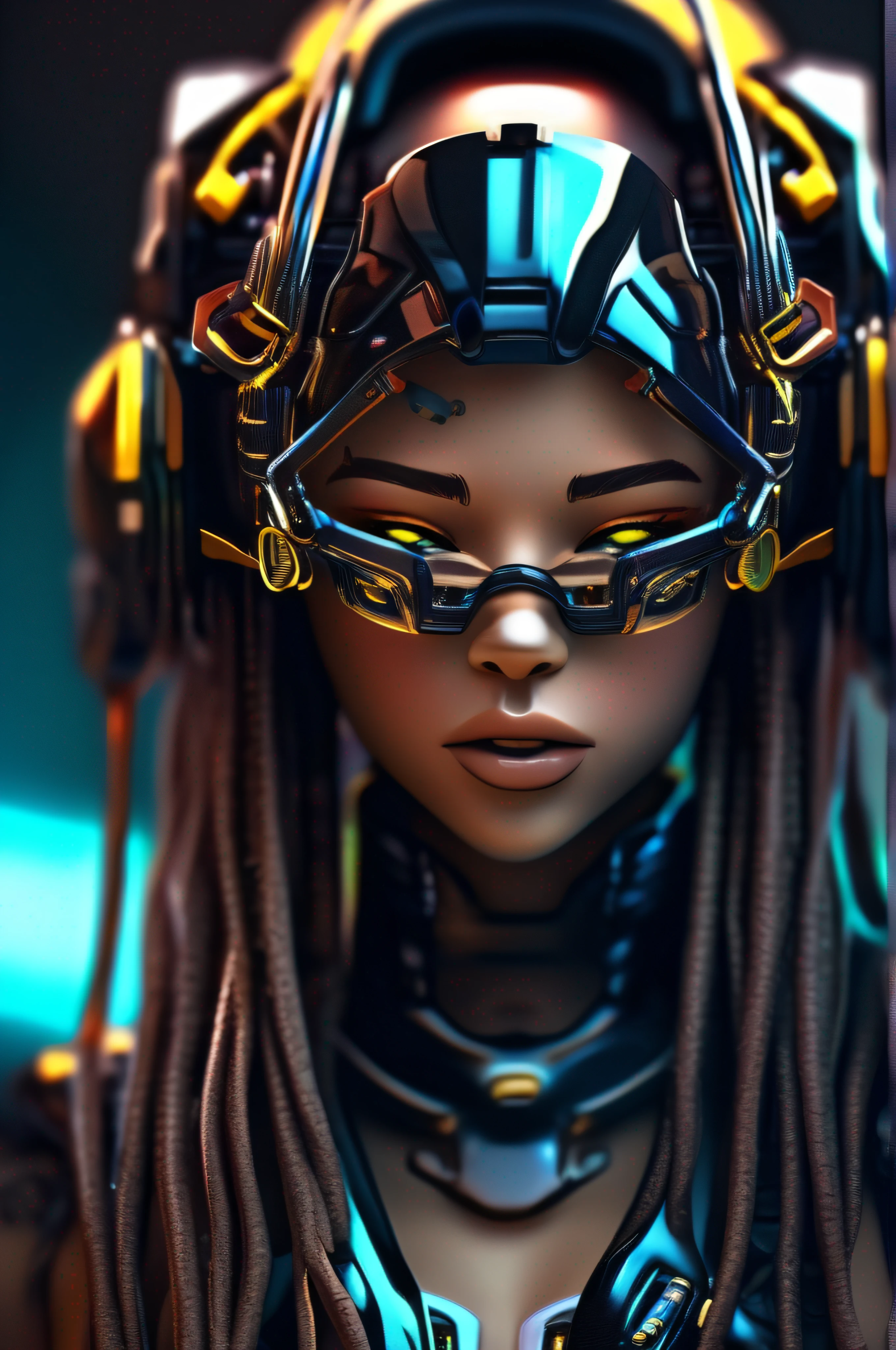 masterpiece, best quality, upper body, close-up of a fantastic looking cyborg girl in a fantastic cyber helmet with dreadlocks neon inserts with glass and metal, in glossy color with elegant details, HDR, ray tracing, rich details of light and shadow, outside, extremely detailed, random camera angle