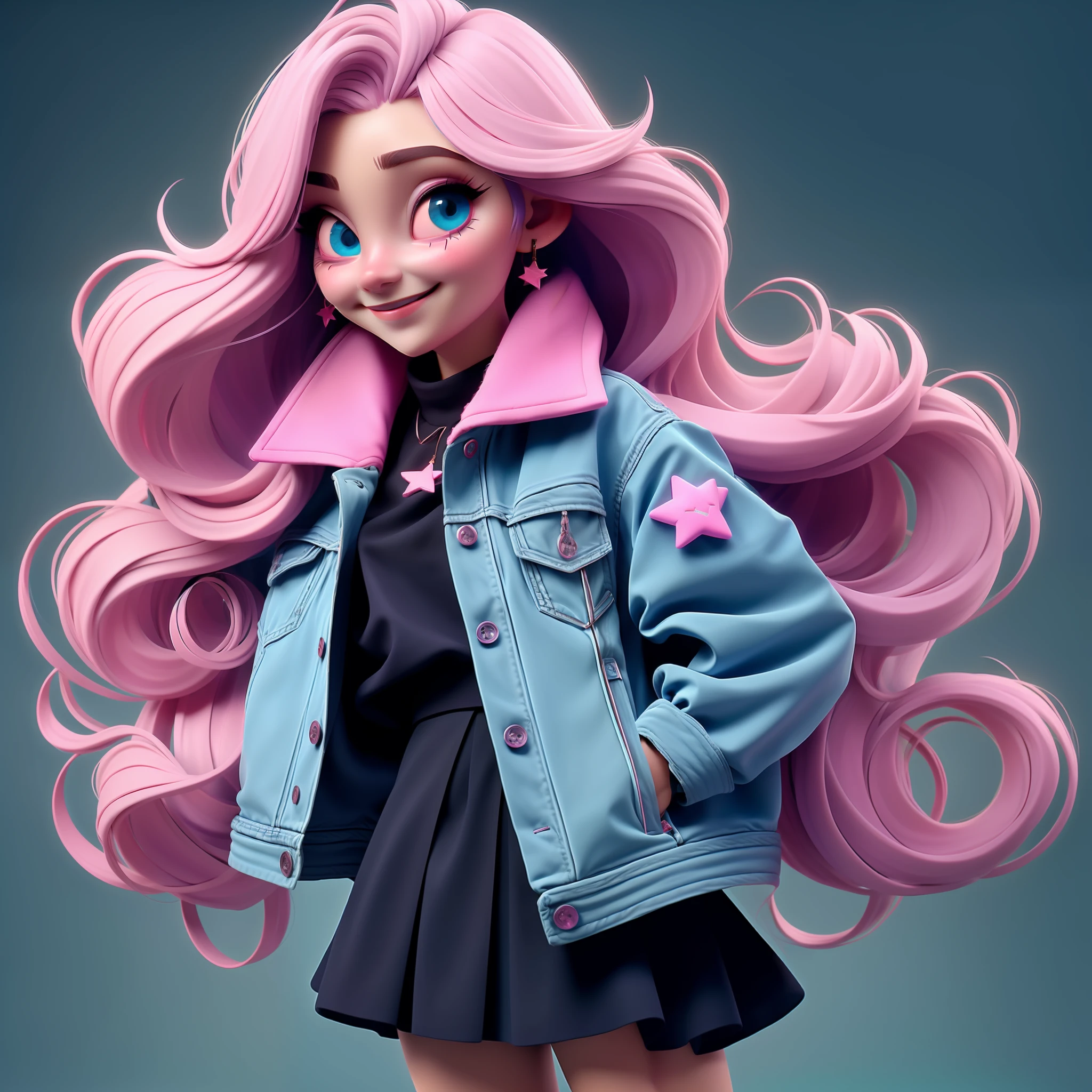 1girl, long hair, blue eyes, earrings, jewelry, solo, skirt, looking at viewer, PINK hair, smile, very long hair,star hair ornament, jacket, lips, simple background