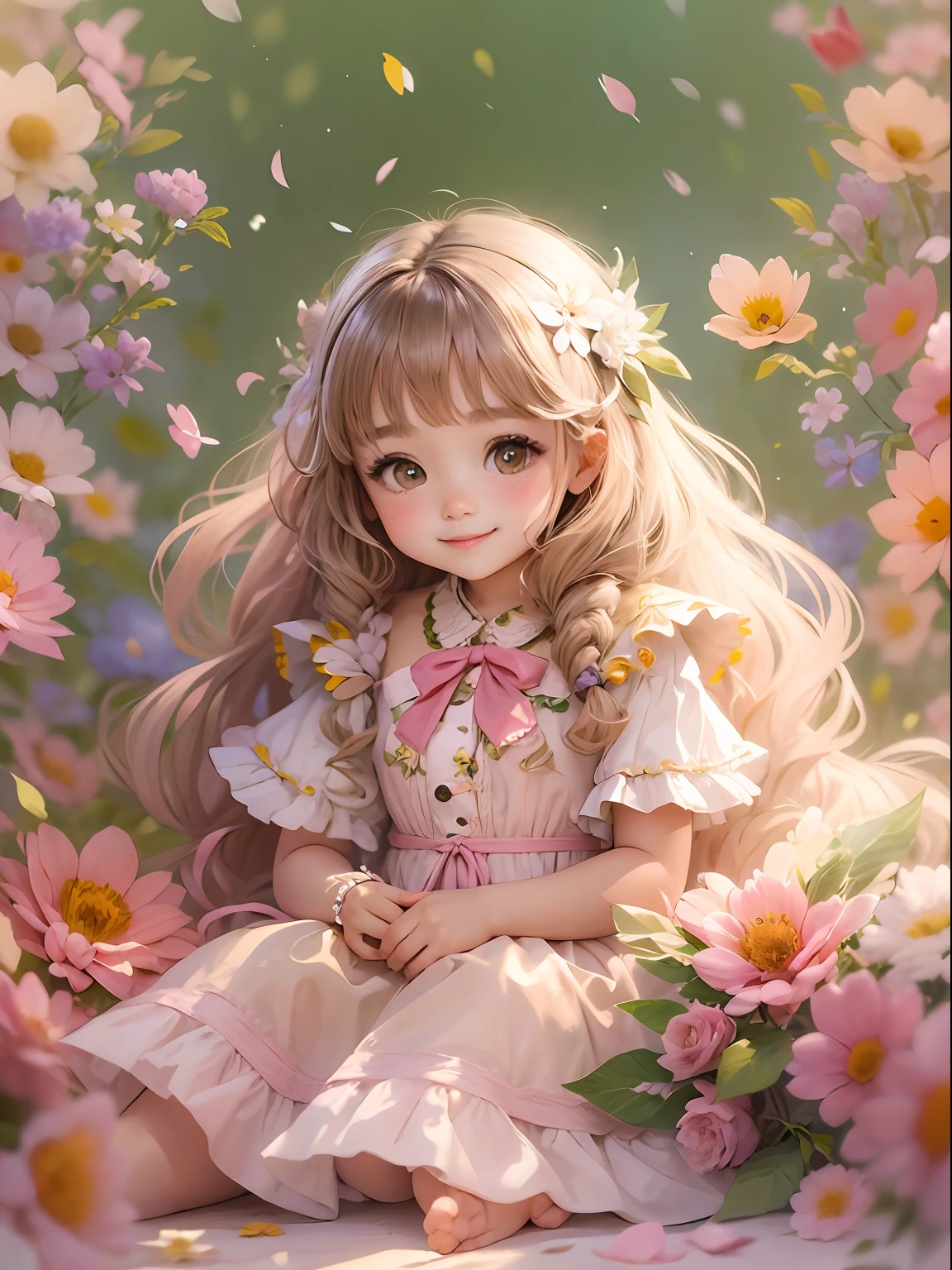 Wrapped in very large beautiful flowers、Little cute girl sitting、Smiling happily、Little pretty girl、Glitter