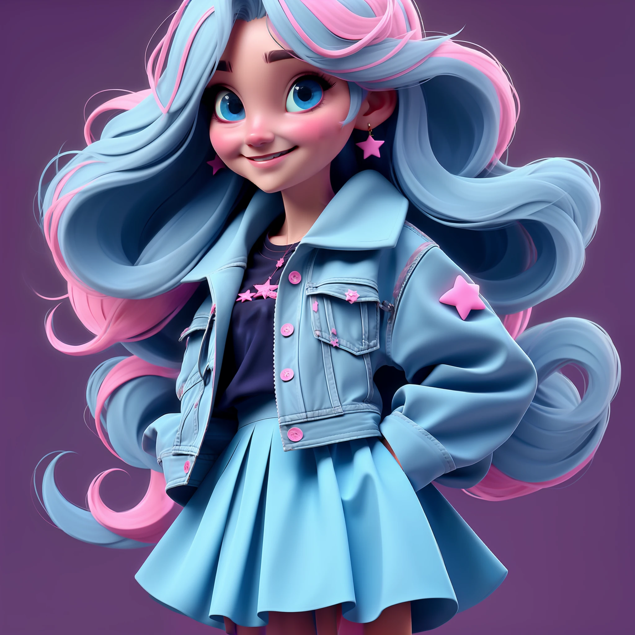 1girl, long hair, blue eyes, earrings, jewelry, solo, skirt, looking at viewer, PINK hair, smile, very long hair,star hair ornament, jacket, lips, simple background