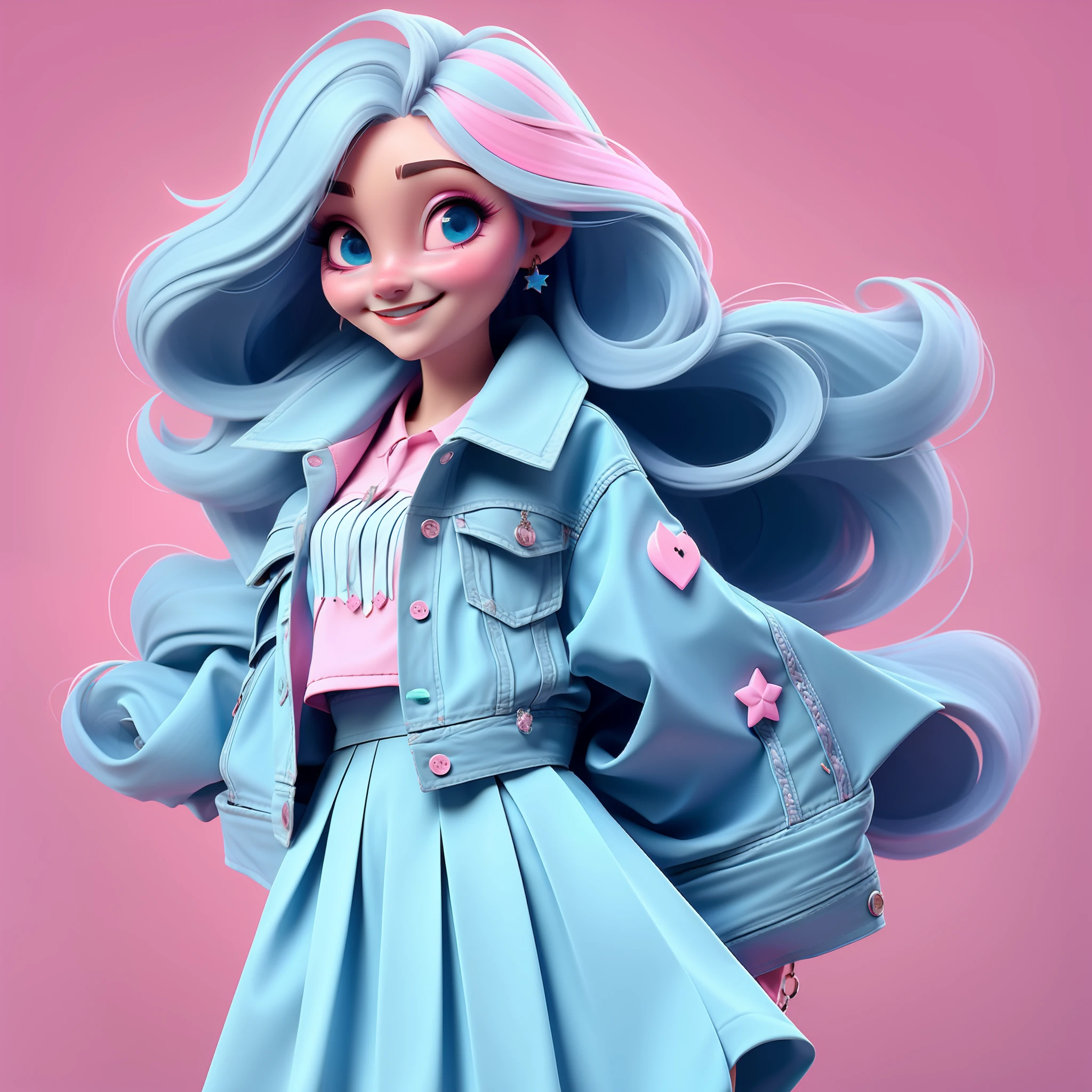 1girl, long hair, blue eyes, earrings, jewelry, solo, skirt, looking at viewer, PINK hair, smile, very long hair,star hair ornament, jacket, lips, simple background