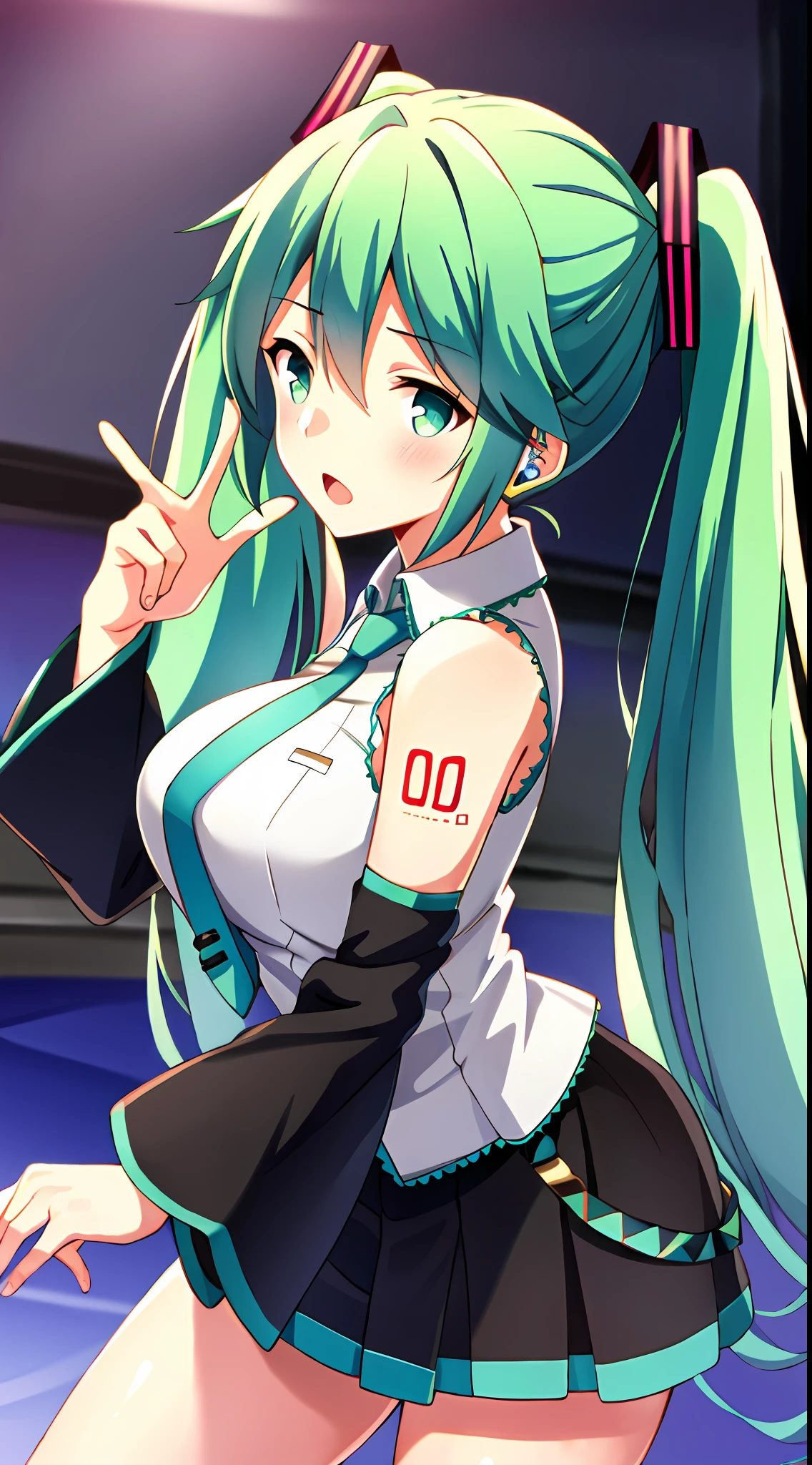 Big breasts Hatsune Miku，Electronic singer，Green hair，bare shoulders​，a black skirt，black sleeve，Separate the sleeves，(White color blouse)，8K，A high resolution，perfect hand，Perfect Finger，Green eyes，Concert background，Only beautiful thighs are exposed，Open your little mouth，hyper-high detail，Beautiful udder