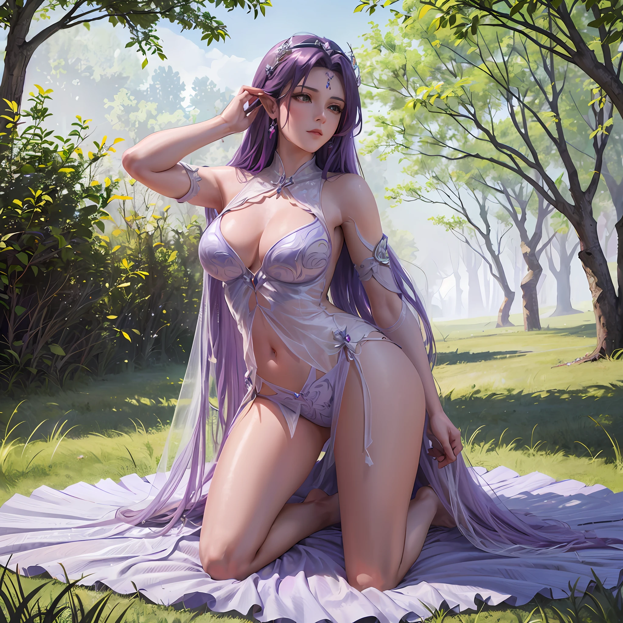 Arad woman in purple dress sitting on a blanket in the park, Fantasy art style, a beautiful fantasy empress, beautiful and seductive anime woman, seductive anime girls, Anime goddess, 2. 5 D CGI anime fantasy artwork, 8K high quality detailed art, trending on cgstation, ((a beautiful fantasy empress)), beautiful elf with violet skin, Japanese goddess