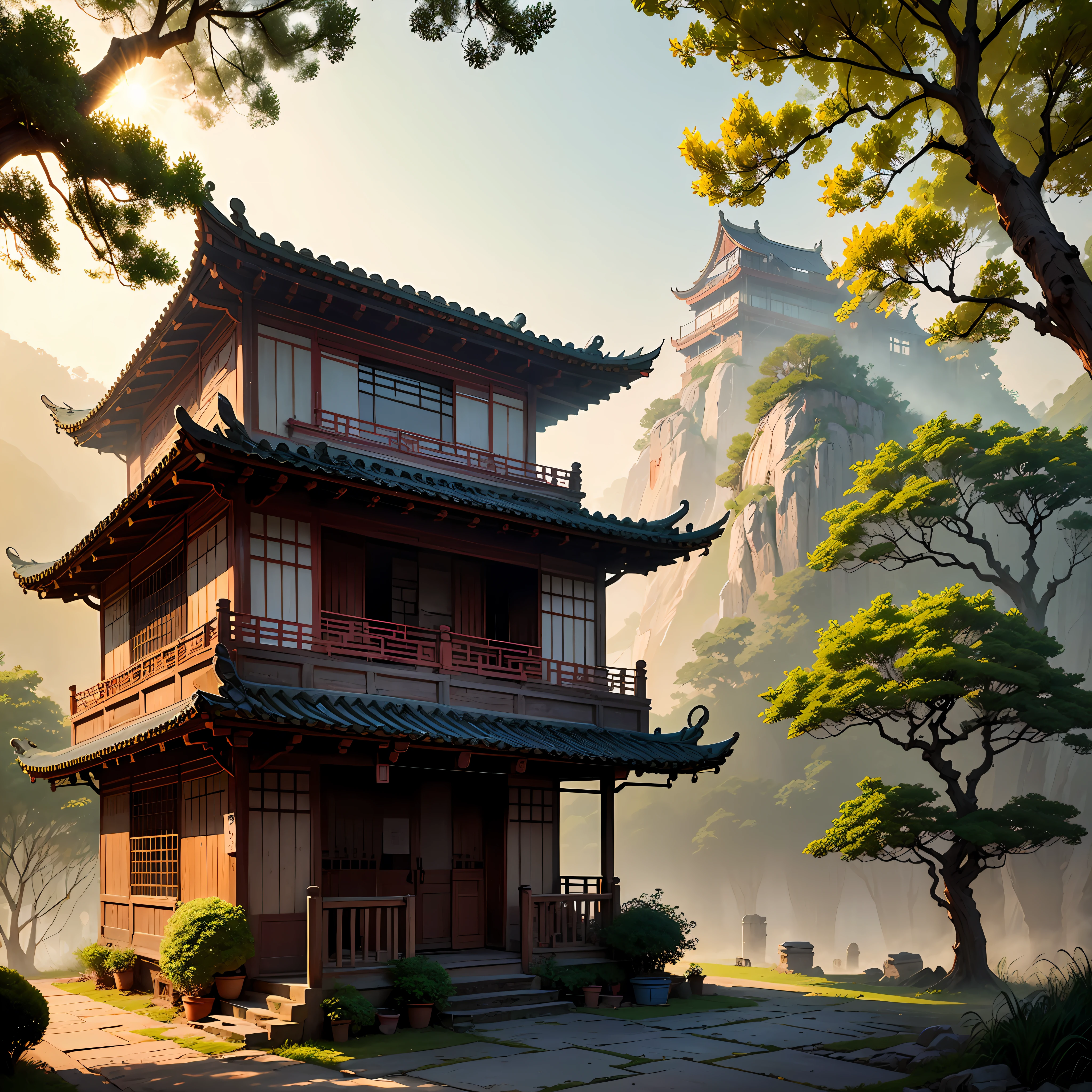 evening light，The hillside is full of yellow roses，The old house in Jiangnan is dry，Tree green, mist, humid age，Very obvious details，The effect of HD shooting --auto