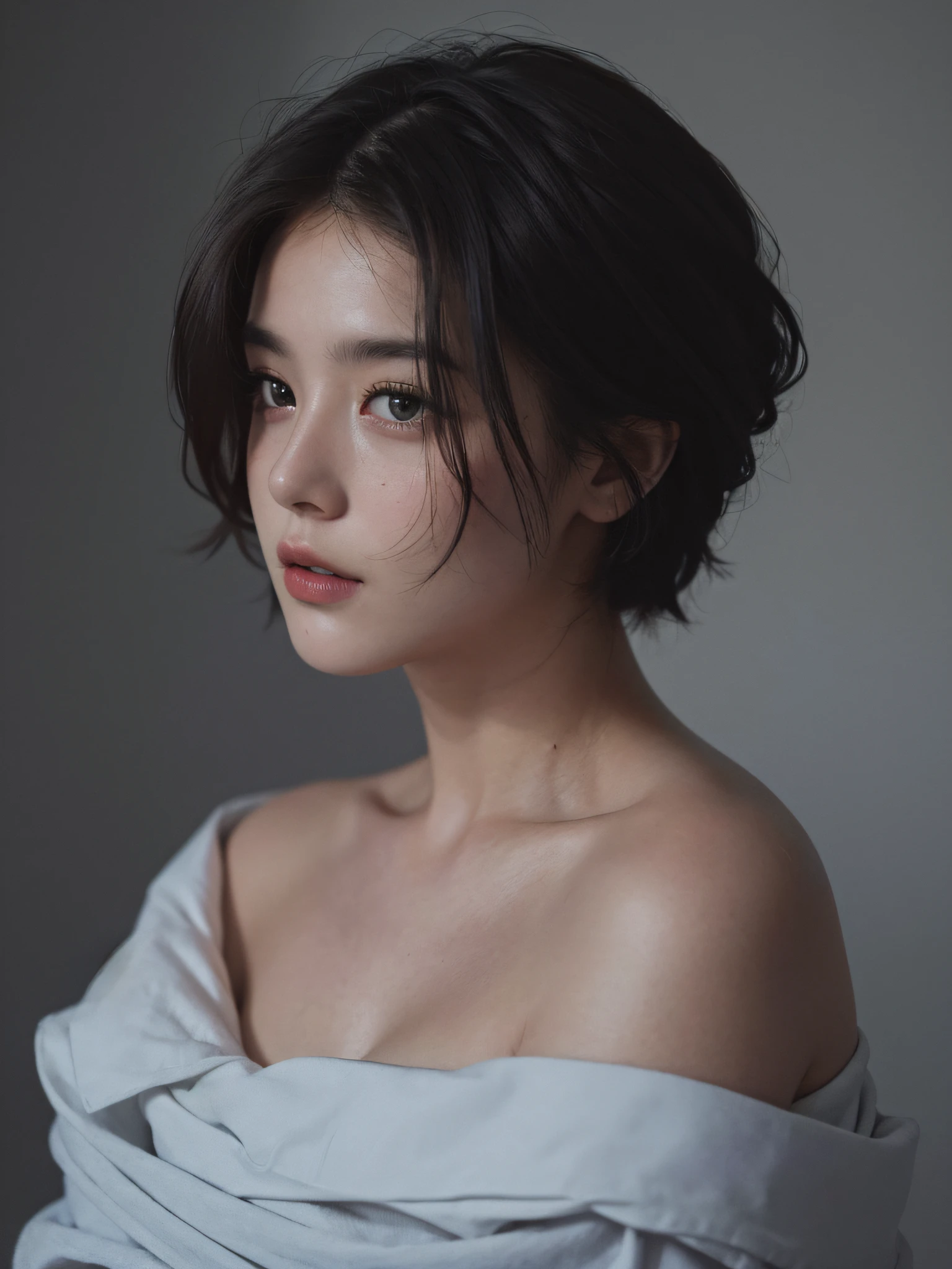 Best quality, masterpiece, ultra high res, (photorealistic:1.5), raw photo, 1girl, offshoulder, in the dark, deep shadow, low key, cold light, sexy look, short hair