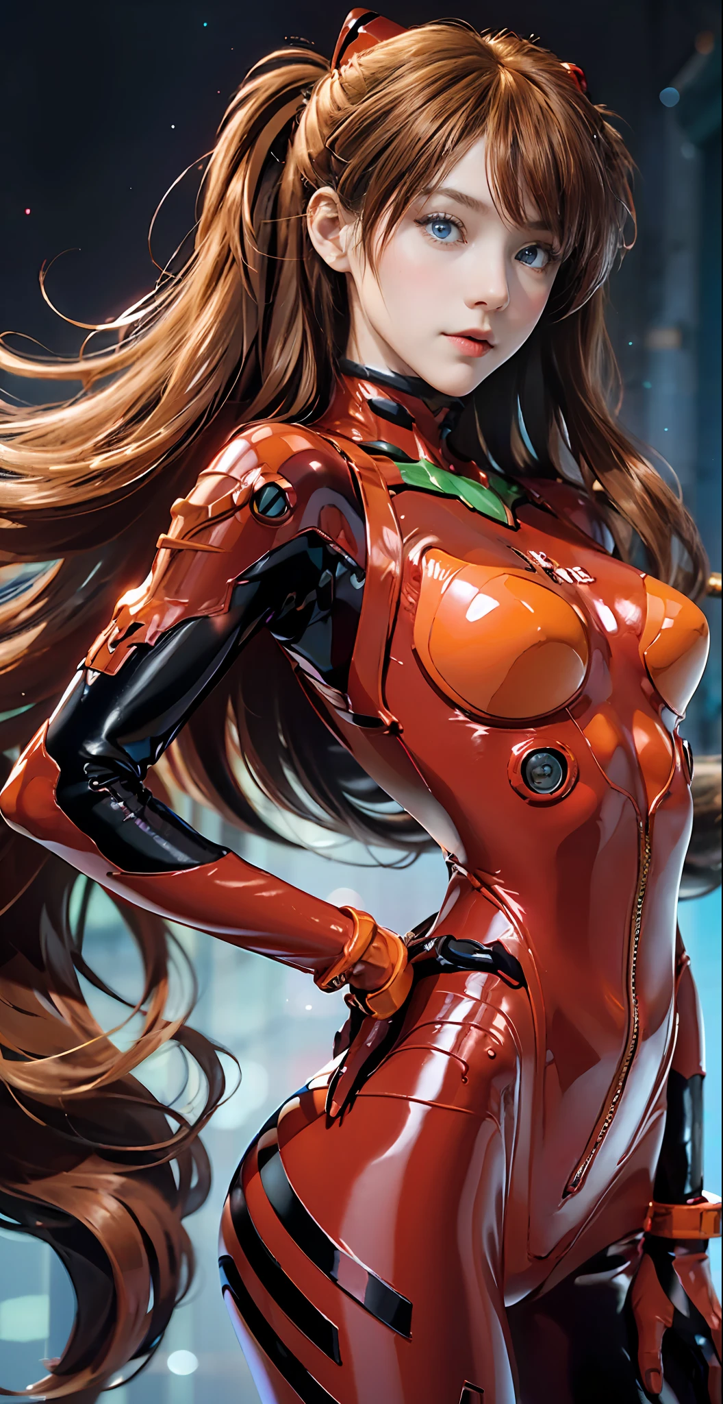 masterpiece, 8K, 3D, Realistic, Ultra Micro photography, Best quality, Official Art, Real realism, Daylighting, Bright colors, Daylighting, Theatrical lighting, Pretty Face, (with a large opaque black eye patch: 1.1), ((1 woman))), 25 years old, tall, small face, perfect proportions, (Sue Lee Asuka Langley, Sally Asuka Langley, plug suit 02:1.2)), (( Blue eyes, beautiful face, beautiful eyes))), wet eyes, glowing eyes, fine face, thin lips, narrow eyes, thin sharp pale eyebrows, long eyelashes, long lower eyelashes, double eyelids, ((full: 1.3)), (from below: 1.1)), dynamic angle, taking a model pose with hands on the hips, sullen look, realistic skin texture, visible pores, seductive smile, gentle look, fleeting appearance, Thin and muscular, high-leg swimsuit: 1.1, thin and muscular, (Shine Red High-Gloss Suit: 1.1), Dark red bodysuit that shines like a mirror (dark red rubber suit with a strong metallic luster and smooth surface), Mirror glowing, (Large connection terminals under the chest of precision circles: light metallic and silver: 1.3)), Precision circular shoulder metallic and large silver connection terminals: 1.1, light metallic green part of the shoulder blade, Beautiful female hands in red tight latex gloves, (black tie latex with strong metallic sheen on the inside of the arm), two simple black wide latex from thigh to buttocks, (standing on a warship with realistic details: 1.5), ( Dynamic and realistic sea background: 1.3), (dynamic and realistic clear sky, strong sunlight: 1.2), logo pattern between breasts 02, loneliness, blush, shyness, TO8 contrast style, (glossy), delicate clothing wrinkles, beautiful light brown hair, incredible shadows, DSLR, Fujifilm XT3, sharp focus: 1.0, Maximum clarity and sharpness, accurate simulation of the interaction of light and matter,