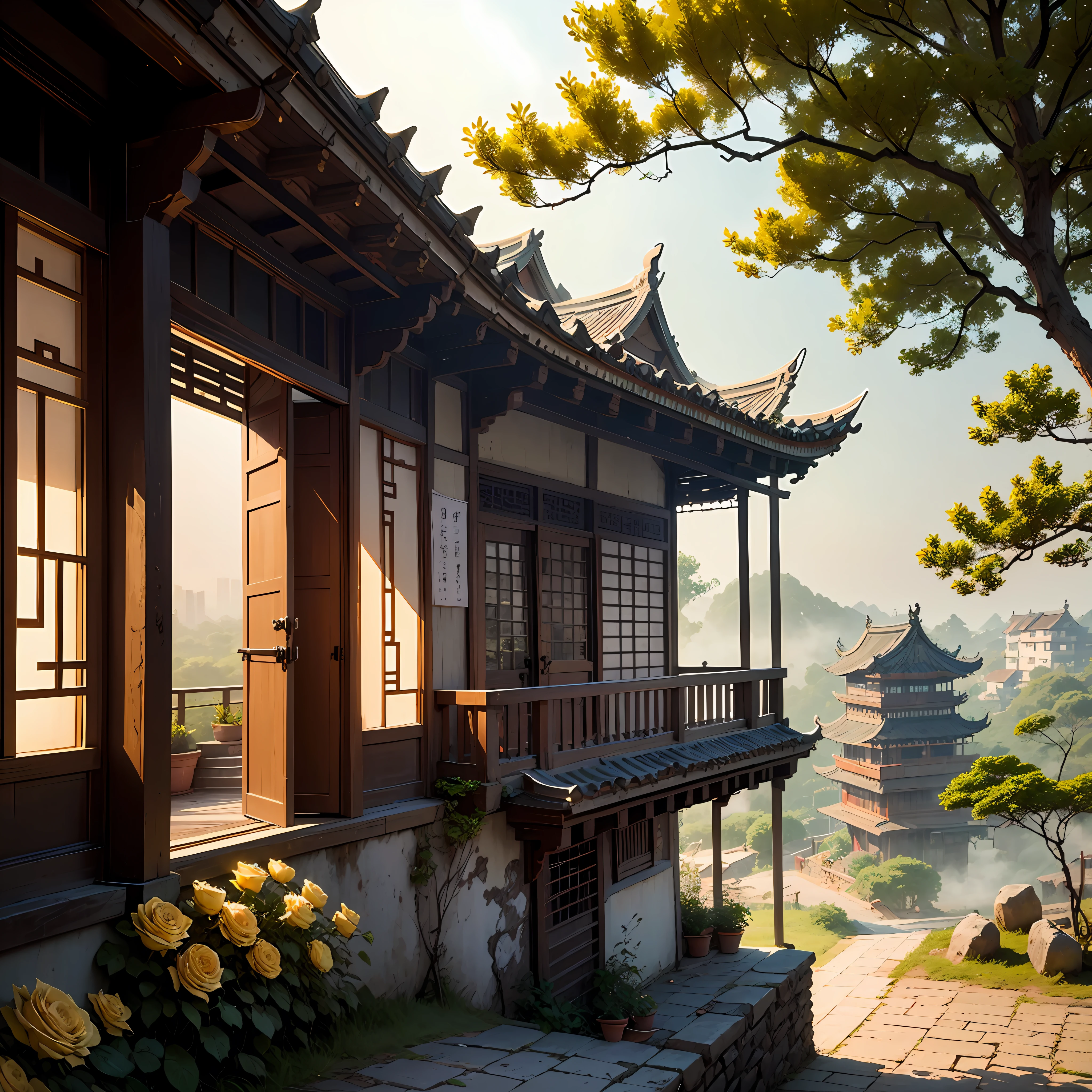 evening light,The hillside is full of yellow roses,The old house in Jiangnan is dry,Tree green, mist, humid age,Very obvious details,The effect of HD shooting --auto