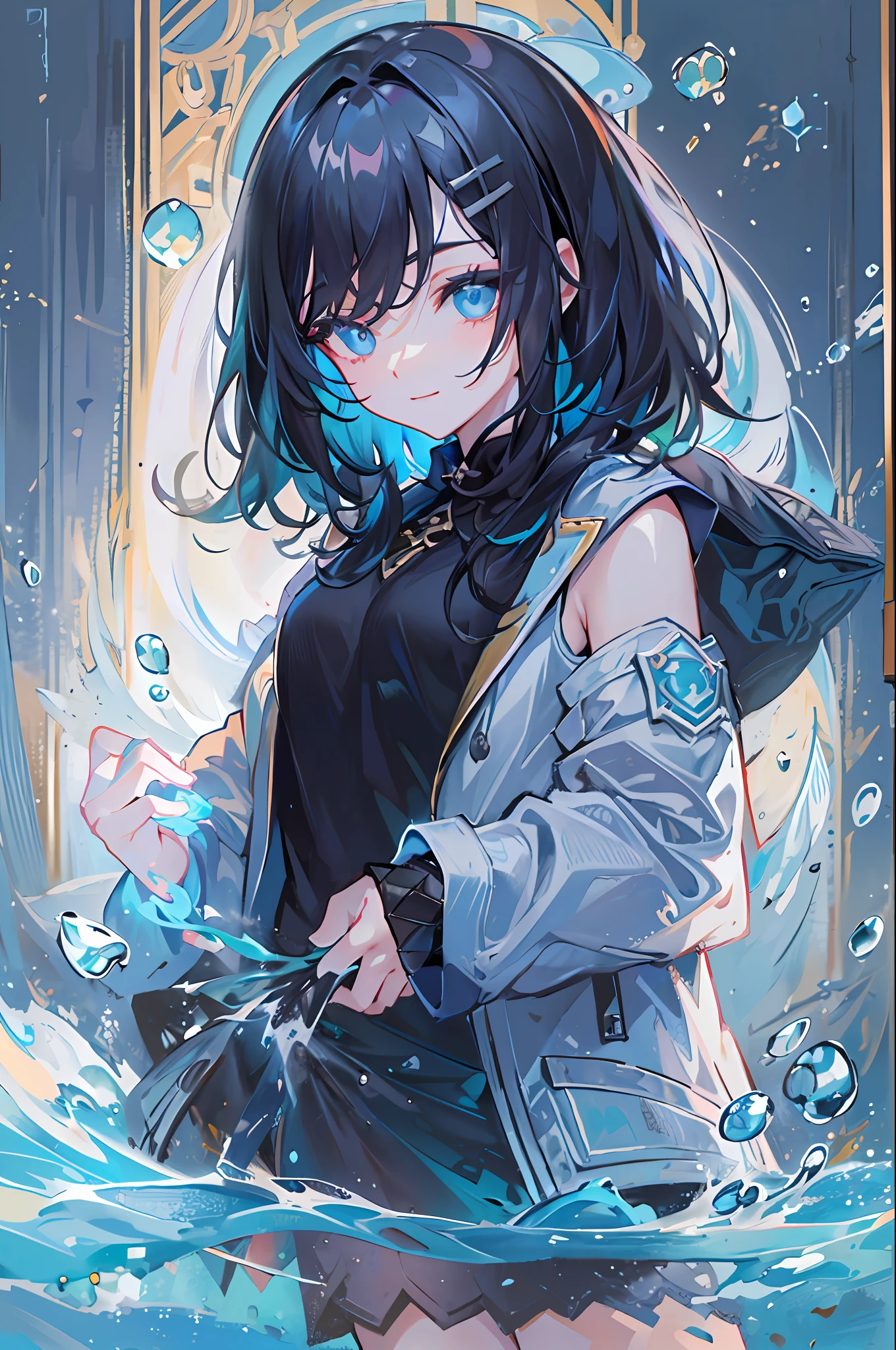 ((top-quality)), ((masterpiece)), ((ultra-detailliert)), (extremely delicate and beautiful), girl with, 独奏, cold attitude,((Black jacket)),She is very(relax)with the(Settled down)Looks,A dark-haired, depth of fields,evil smile,Bubble, under the water, Air bubble,bright light blue eyes,Inner color with black hair and light blue tips,Cold background,Bob Hair