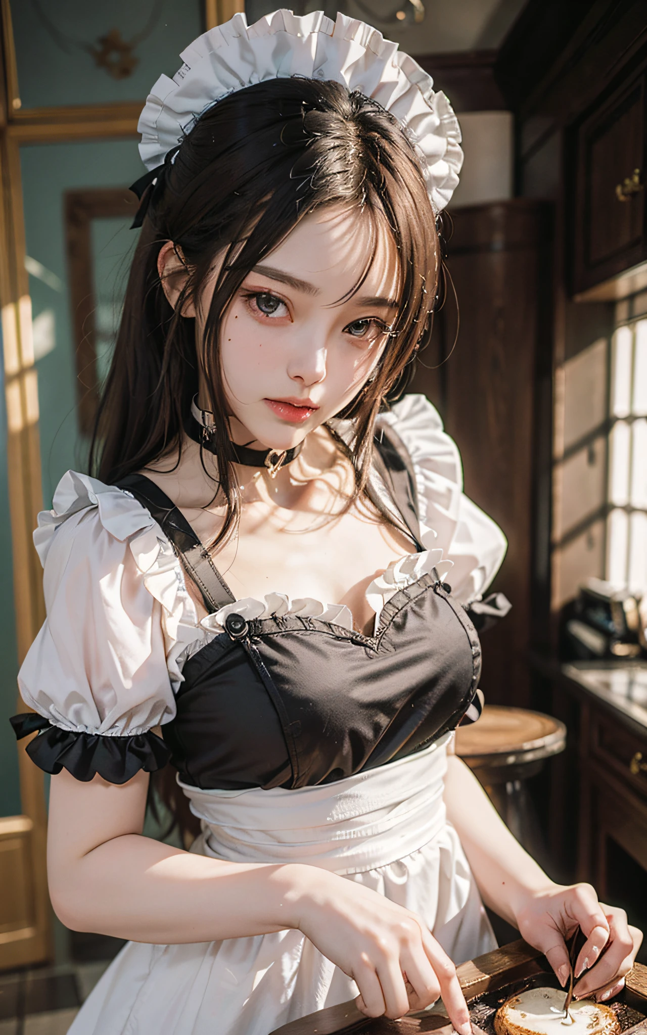 (Raw foto:1.2), masterpiece, in 8K, hight resolution, (Photorealsitic:1.4), cowboyshot, extremely detailed eye and face, beatiful detailed eyes, Realistic face, hight resolution, ighly detailed, top-quality, masterpiece, ighly detailed,, magnifica, mansion, top-quality, 电影灯光, poneyTail, Mole, a 20 yo woman, (ssmile:0.5), Head dress, a black ribbon, puff sleeves, collars, a choker, Apron with detailed ruffles, Black Maid Costume, full back panties,