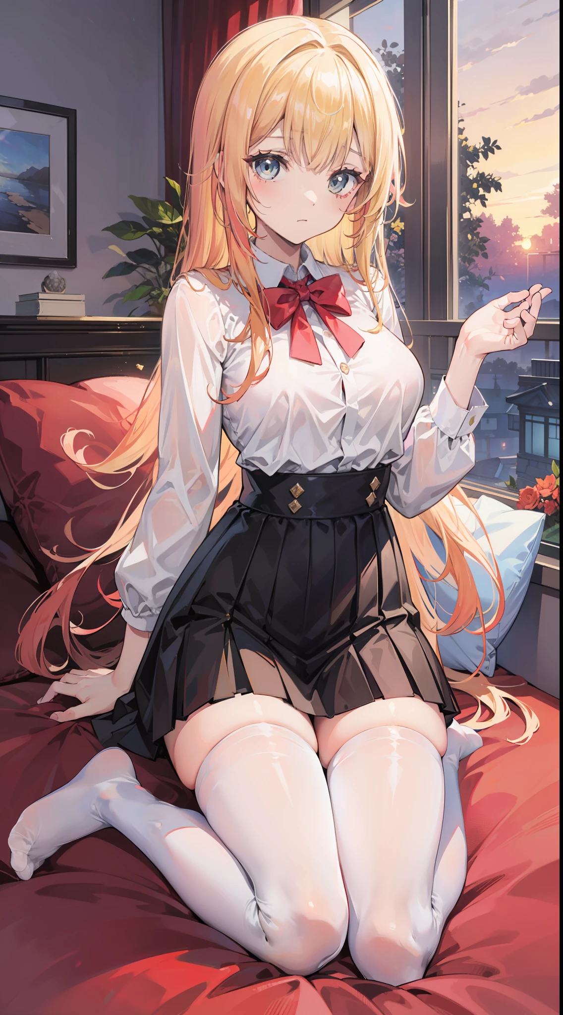 Masterpiece（（tmasterpiece）），White color blouse（（black micro skirt）），（（White transparent stockings）），（No shoes on），adolable，Raised sexy，Sunset，（Long yellow）Hair，red colour🎀