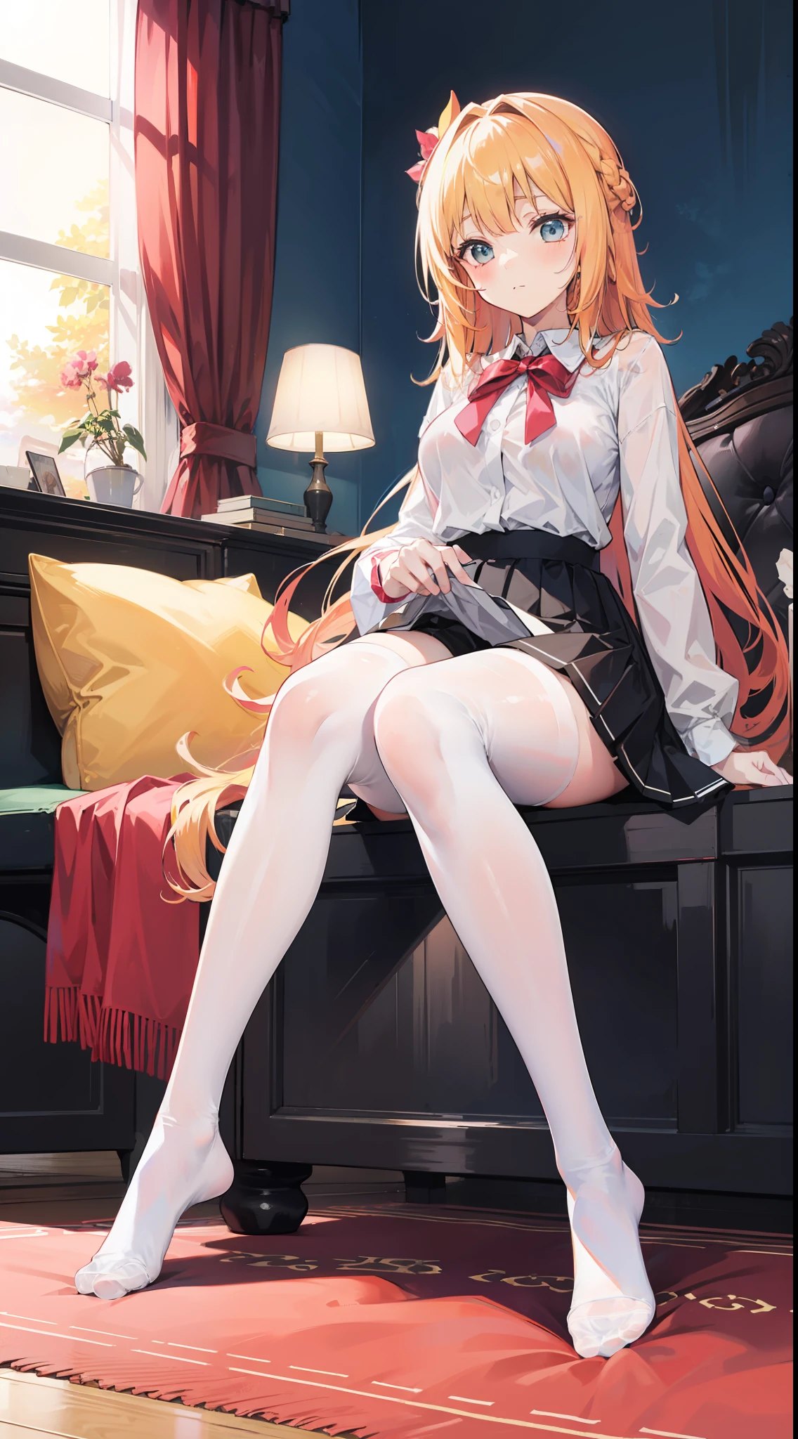 Masterpiece（（tmasterpiece）），White color blouse（（black micro skirt）），（（White transparent stockings）），（No shoes on），adolable，Raised sexy，Sunset，（Long yellow）Hair，red colour🎀