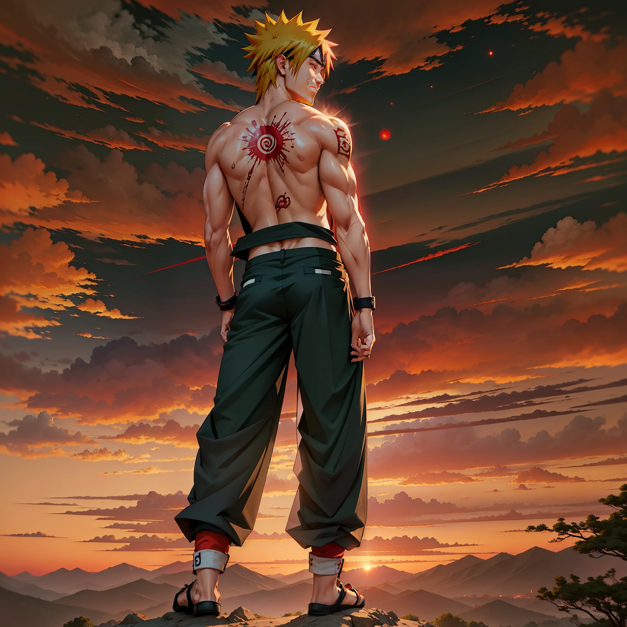 Minadas Namikaze sorrindo, sem camisa, wearing textured pants from Akatsuki, black pants with red clouds, in a dynamic scene. Minadas, Namikaze, Shirtless and textured Akatsuki pants, black pants with red clouds, minato ta feliz e a cena tem uma certa dinamica