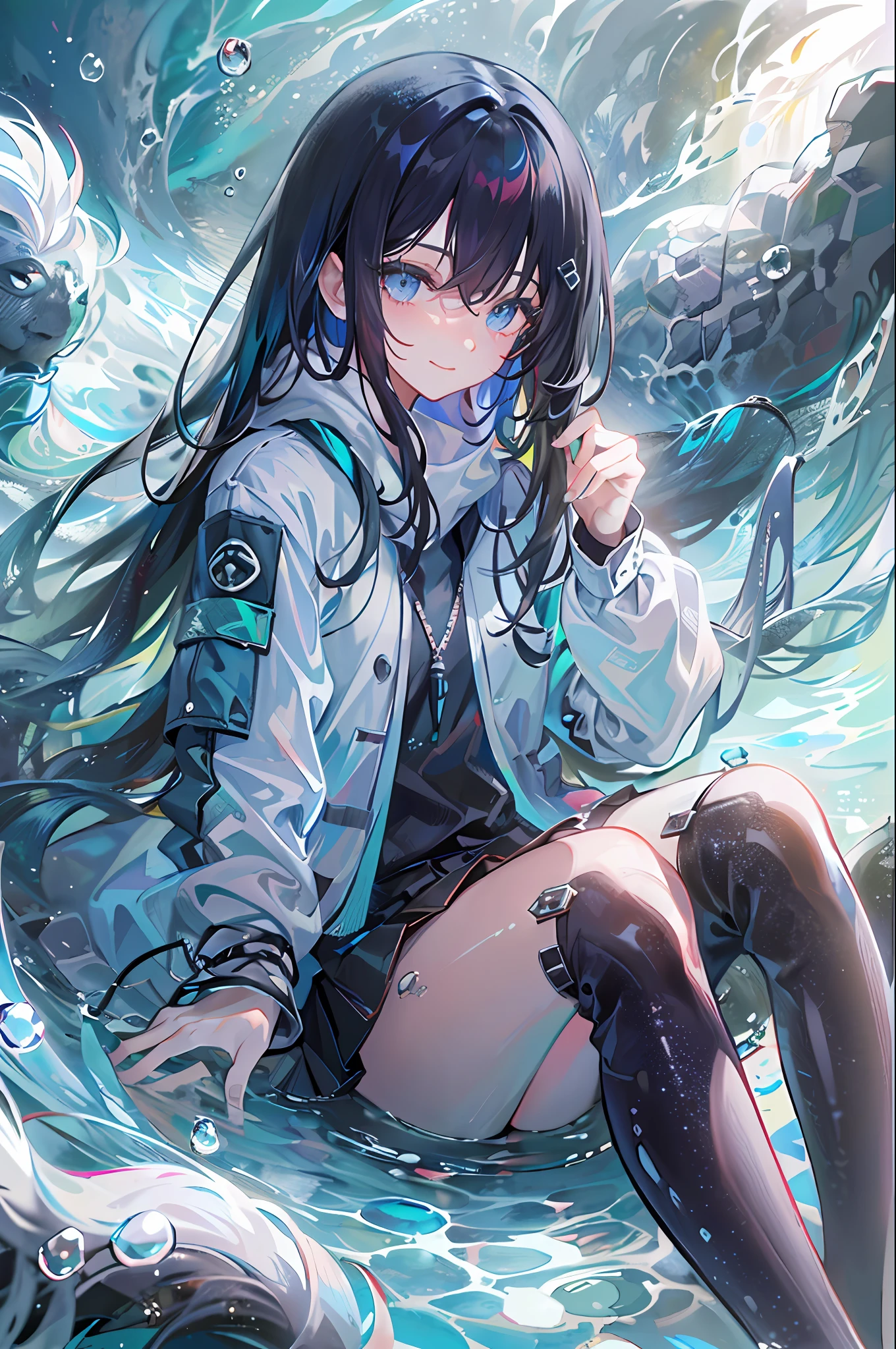 ((top-quality)), ((masterpiece)), ((ultra-detailliert)), (extremely delicate and beautiful), girl with, 独奏, cold attitude,((Black jacket)),She is very(relax)with the(Settled down)Looks,A dark-haired, depth of fields,evil smile,Bubble, under the water, Air bubble,bright light blue eyes,Inner color with black hair and light blue tips,Cold background,Bob Hair,a miniskirt