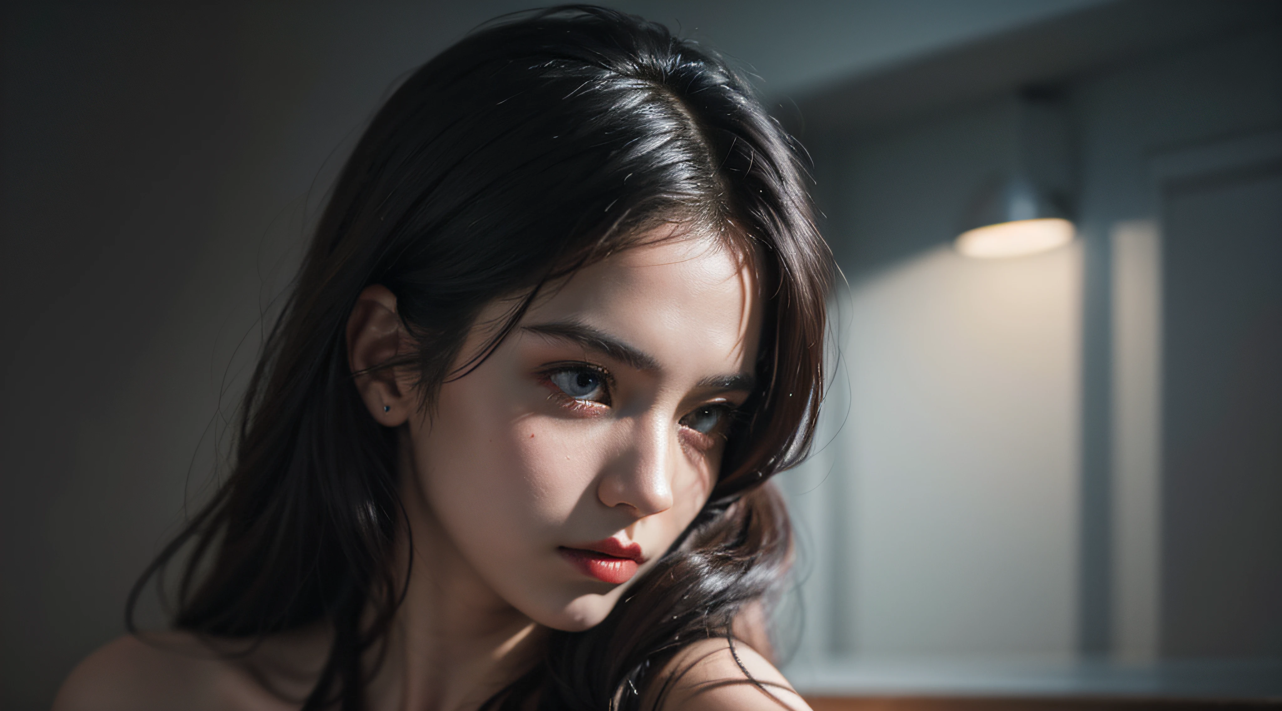 Best quality, masterpiece, ultra high res, (photorealistic:1.4), raw photo, 1girl, offshoulder, in the dark, deep shadow, low key, cold light