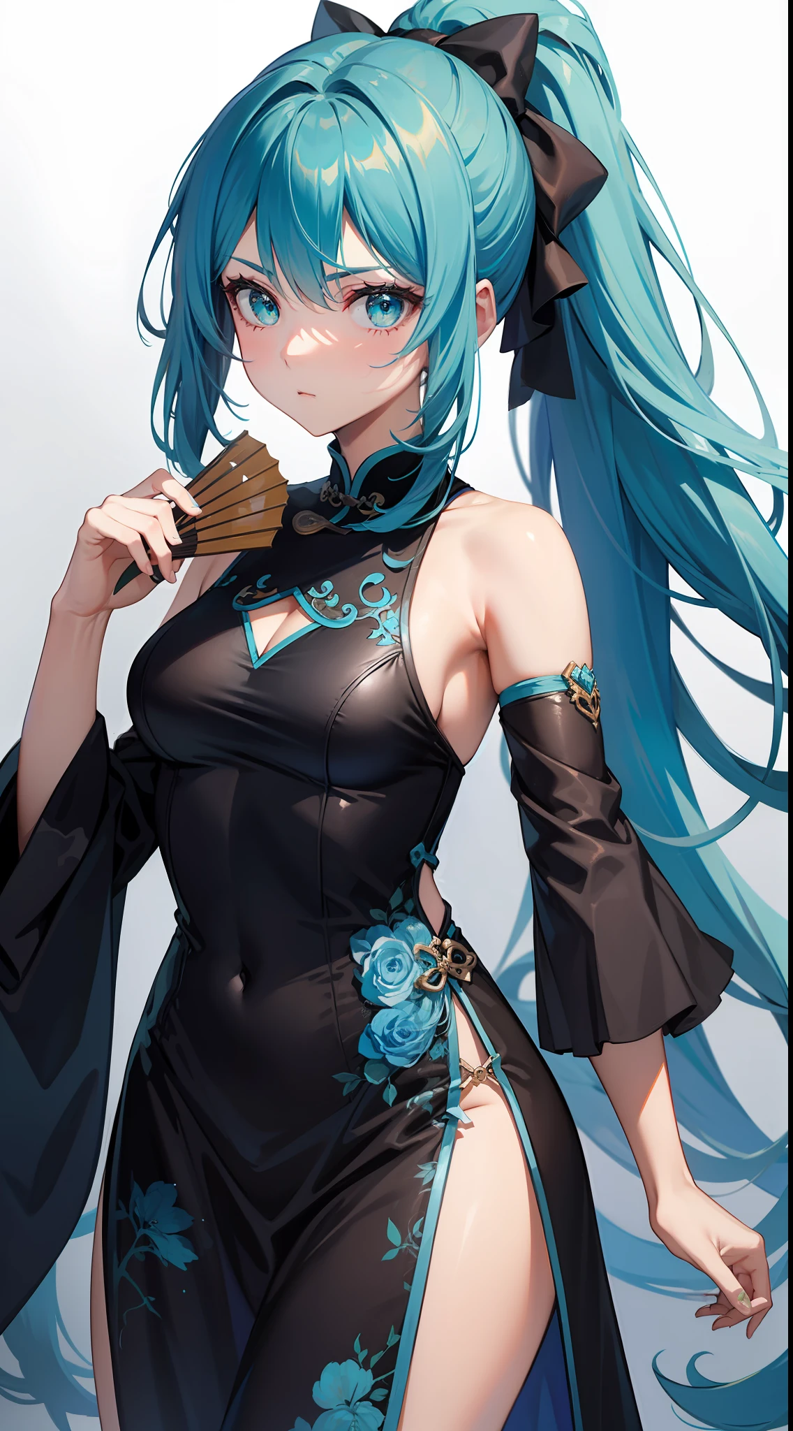 Tall girl, long blue hair, high ponytail, Cyan eyes, Rich Chinese sleeveless dress, fan, A serious look, Masterpiece, hiquality