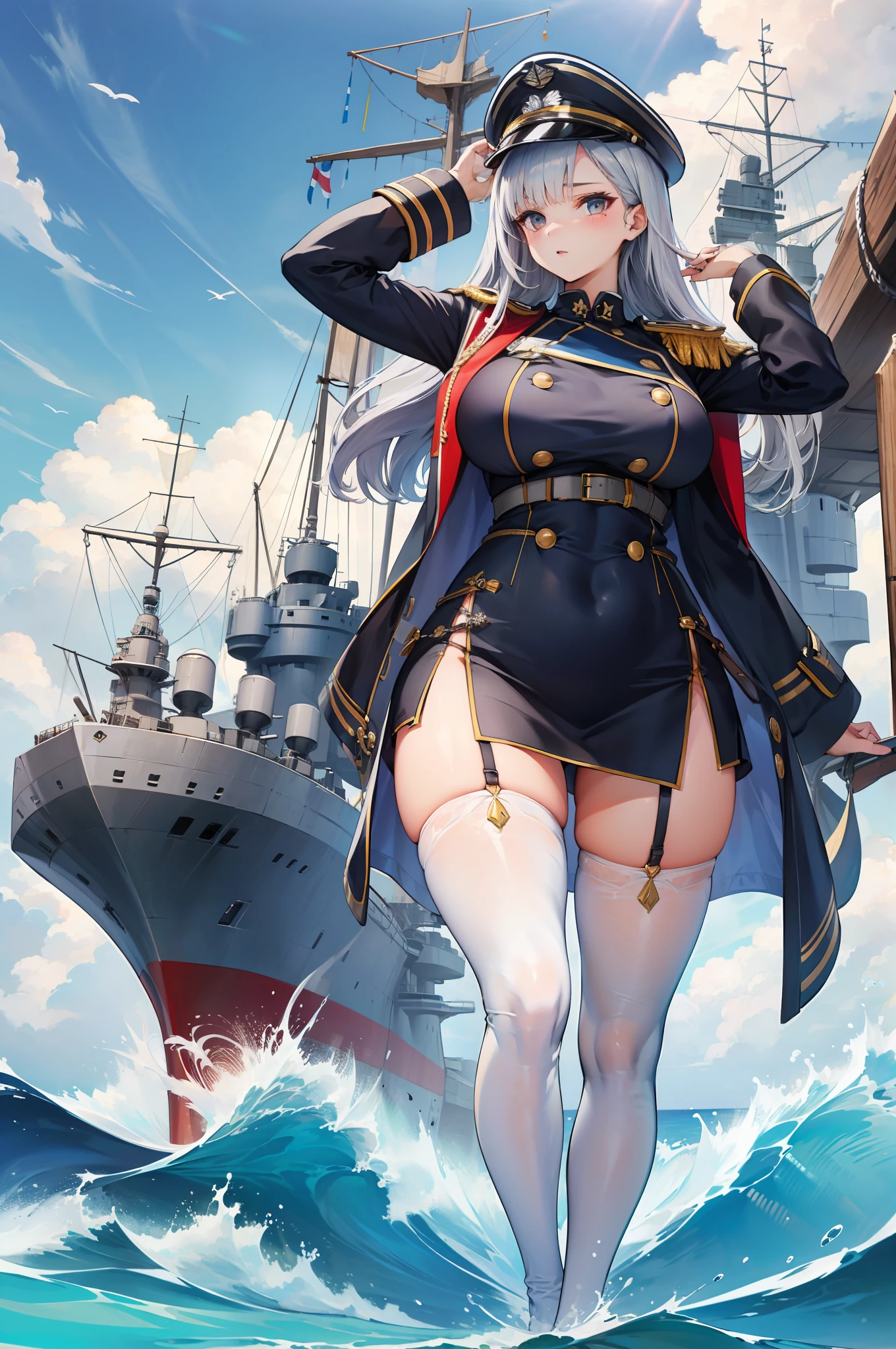 illustratio、(top-quality)、(((​masterpiece)))、(Hi-Res)、Original、(1womanl)、A sexy、Thick、Big body、silber hair,Navy Uniform、Miniskirt,White cap,thighhigh,,(Sea),battleship