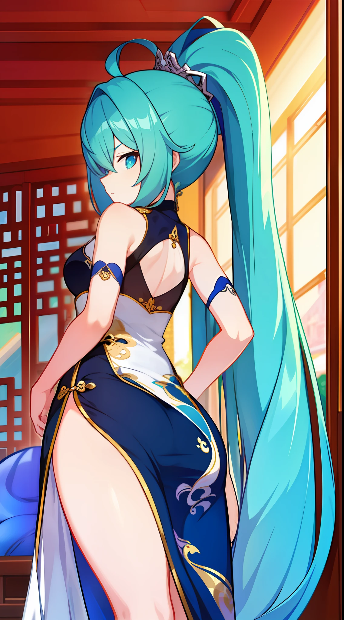Tall girl, long blue hair, high ponytail, Cyan eyes, Rich Chinese sleeveless dress, fan, A serious look, Masterpiece, hiquality