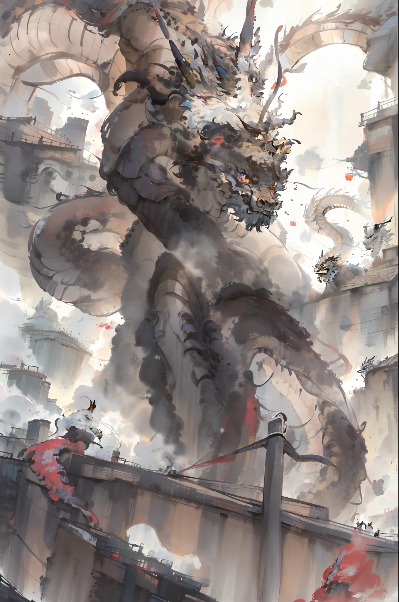 Multicolored，Colorful，vivd colour，Chinese ink painting，Libido boy，from back，Great view，Skysky，Heavy fog，chinesedragon，Close-up - AR 3:4--S400