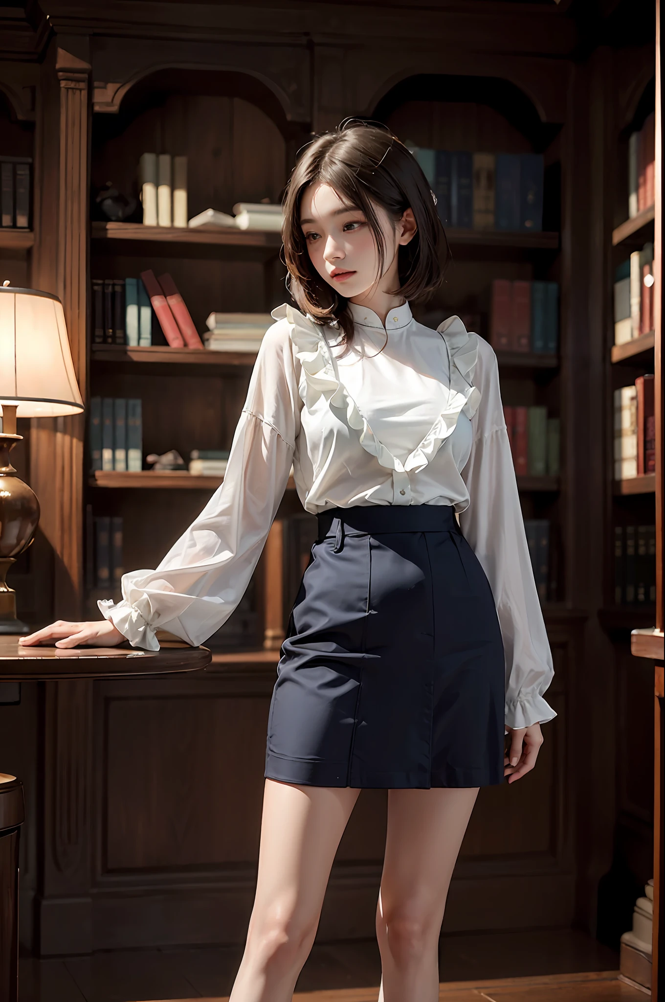 30-year-old woman with、(hi-top fade:1.3)、length hair、Dark theme、Soothing tones、Subdued Color、highly contrast、(natural skin textures、Hyper-Realism、Soft light、sharp)、Capture the serene beauty of a young woman immersed in the peaceful atmosphere of the library。Soft diffused lighting gently illuminates her features、Emphasis on her delicate expression、Creates a quiet atmosphere。Library shelves full of books、Provides a background of knowledge and wisdom。Focus on capturing the natural charm and elegance of models、Maintains the essence of calm and reflective moments。Lovely 21-year-old Japan gravure model with soft, wavy gray-brown hair adorned with ribbons、You will be captivated with a seductive look。(White blouse with ruffles、Blue skirt with ruffles、I'm wearing white ankle socks with ruffles。Standing in front of a bookshelf、Exudes a melancholic charm)、Create a scene where beauty and ephemerality intertwine。