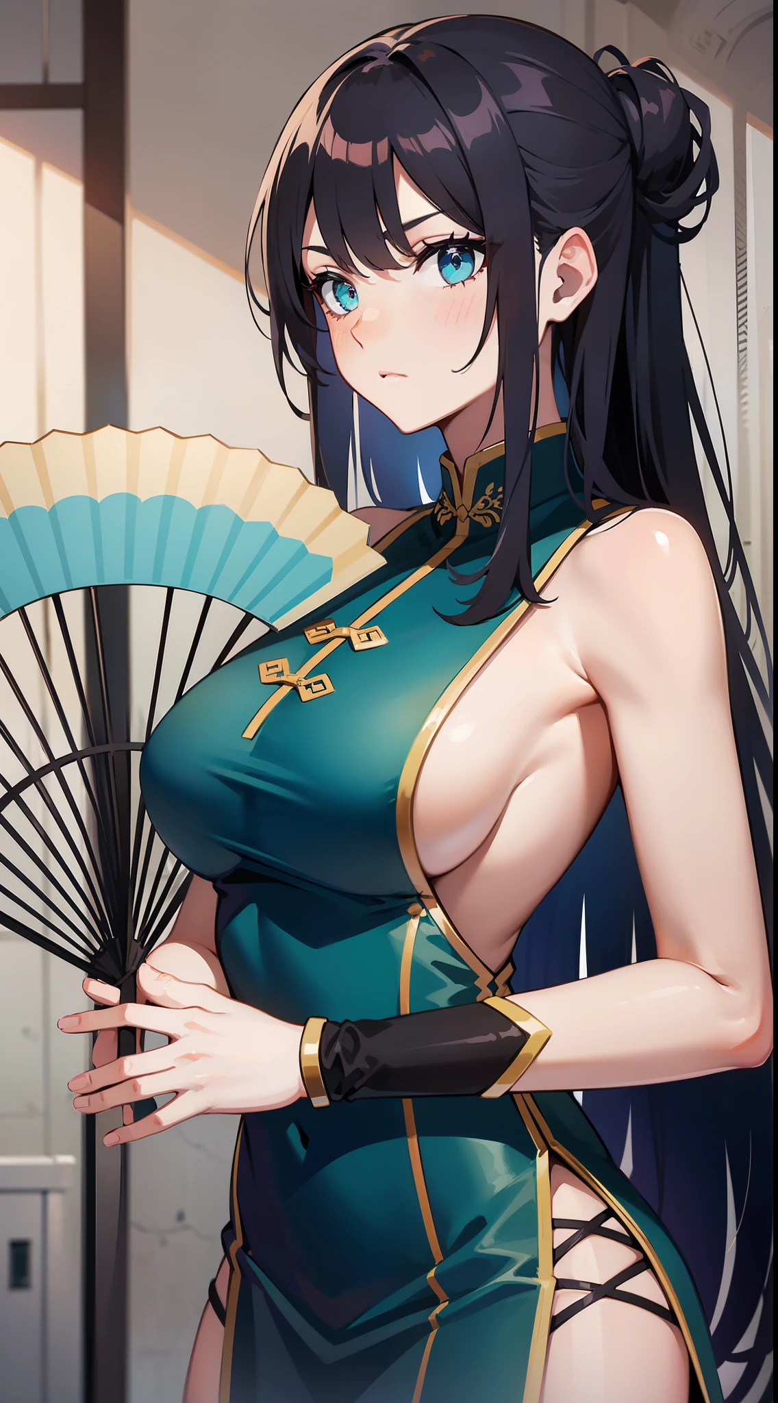 Tall girl, long blue hair, Cyan eyes, Rich Chinese sleeveless dress, Fan, A Serious Look, Masterpiece, hiquality