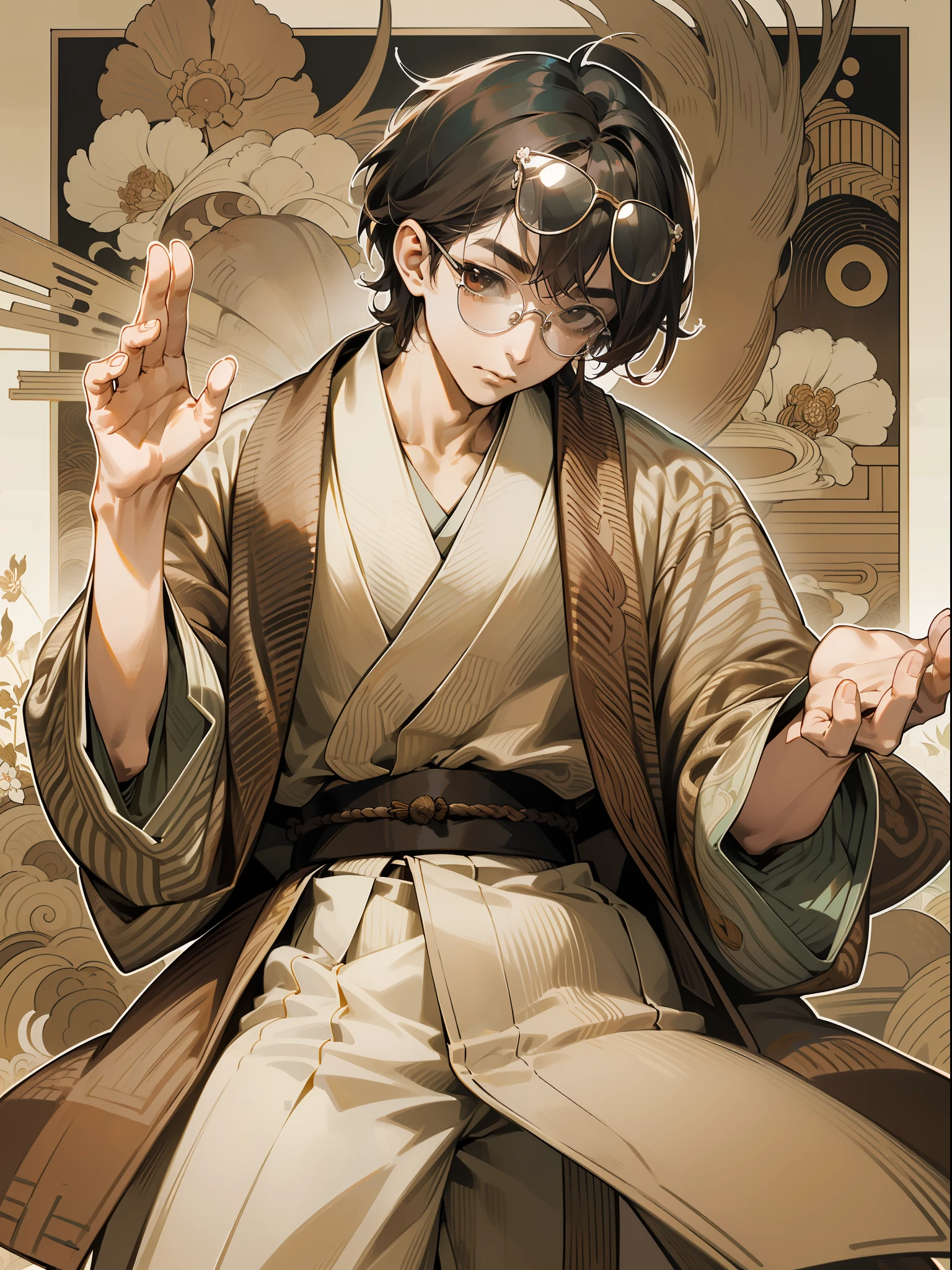 (masterpiece)、(top-quality)、(ultra-detailliert)、illustratio、male people、One Man、Cool、Adult male、Full body composition、dynamicposes、design concept、design sheet、(jpn、japanes、Japan writers、Taisho Era、Taisho era writers、dazai osamu、Ryunosuke Akutagawa、novelist、Retro clothes)、((Chic shades、Muted shades、eye glass、Brown kimono、Brown outerwear、Classic、classical、sepia、Arms raised high))