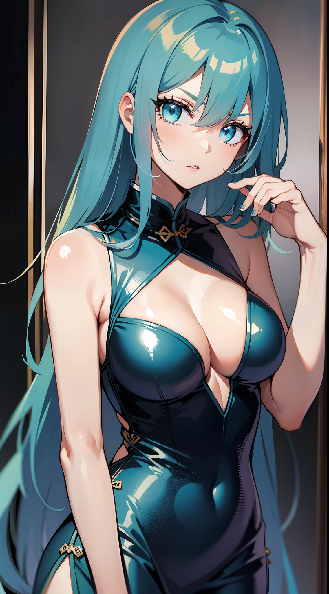 Tall girl, long blue hair, Cyan eyes, Rich Chinese sleeveless dress, Fan, A Serious Look, Masterpiece, hiquality