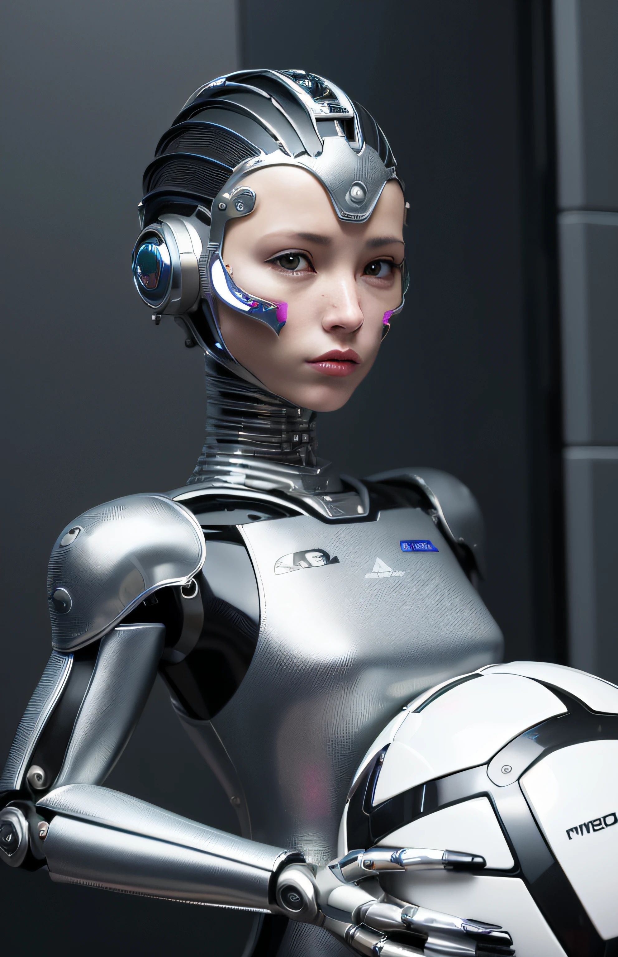 (arte oficial, ludicrous, but unbelievable, Beautiful 3D rendered female robot face with a soccer ball in hand, robot components, cyberpunk studio soft light, luz de aro, detalhes vibrantes, estilo cyberpunk luxuoso, renda, surreal ismo, anatomia, facial muscles, fios de cabos, microchips, musculatura, fundos elegantes e bonitos, octane rendering effects, estilo HR Giger, 8K分辨率, melhor qualidade, alto detalhe, CG uniform wallpapers, The small details of the robot in the silver helmet are very delicate and of the best quality.): 0.8