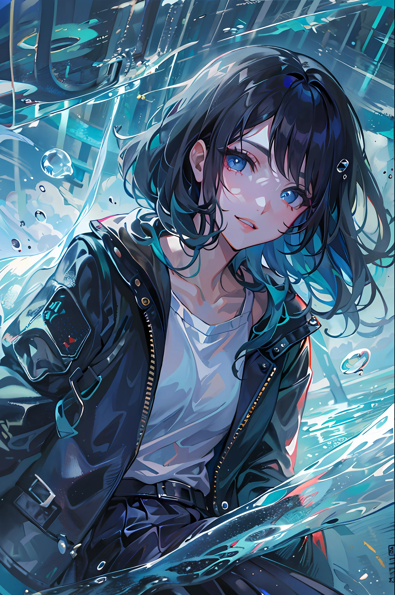 ((top-quality)), ((​masterpiece)), ((ultra-detailliert)), (extremely delicate and beautiful), girl with, 独奏, cold attitude,((Black jacket)),She is very(relax)with  the(Settled down)Looks,A dark-haired, depth of fields,evil smile,Bubble, under the water, Air bubble,bright light blue eyes,Inner color with black hair and light blue tips,Cold background,Bob Hair,a miniskirt,tight skirts