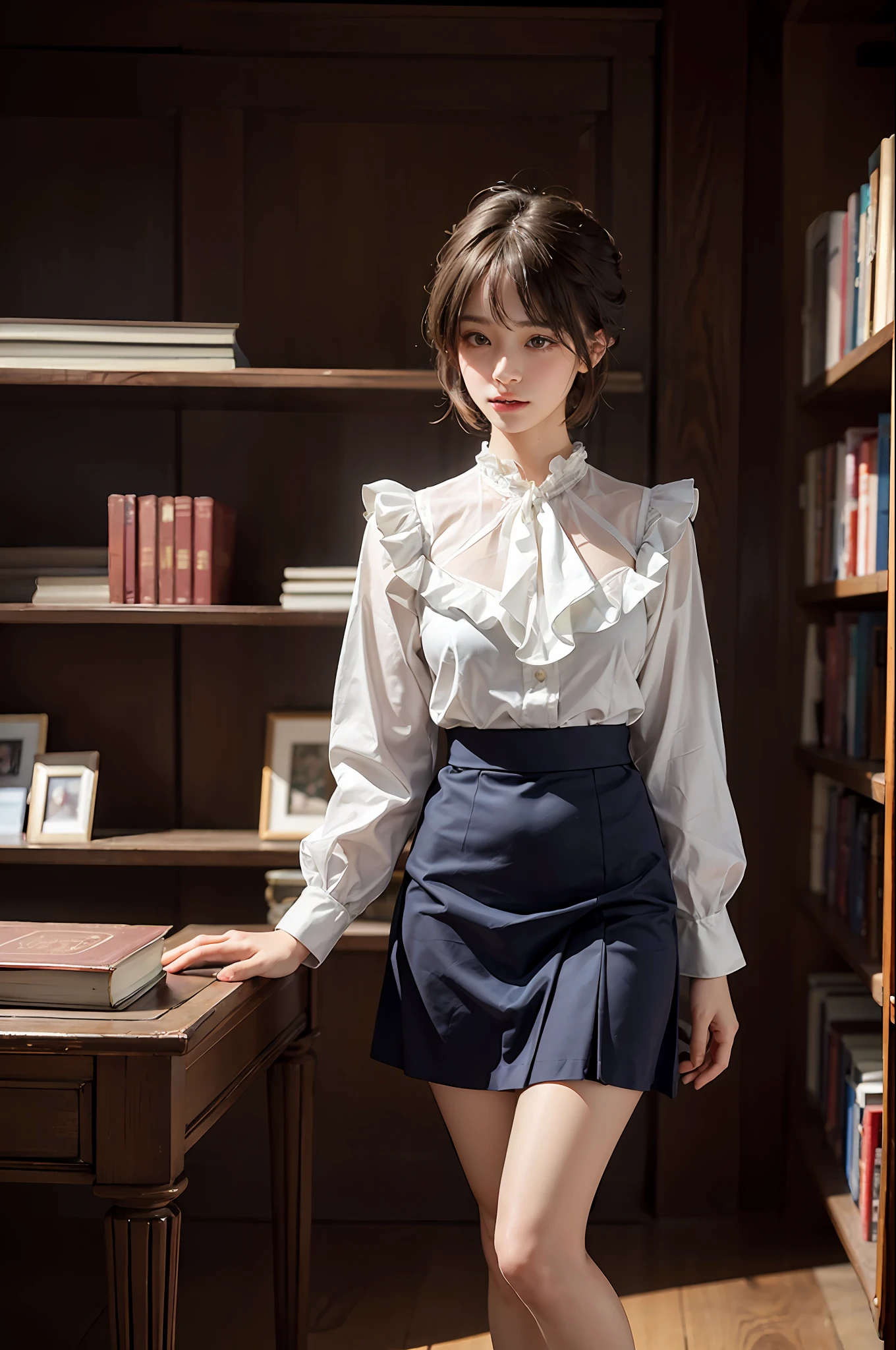 30-year-old woman with、(hi-top fade:1.3)、length hair、Dark theme、Soothing tones、Subdued Color、highly contrast、(natural skin textures、Hyper-Realism、Soft light、sharp)、Capture the serene beauty of a young woman immersed in the peaceful atmosphere of the library。Soft diffused lighting gently illuminates her features、Emphasis on her delicate expression、Creates a quiet atmosphere。Library shelves full of books、Provides a background of knowledge and wisdom。Focus on capturing the natural charm and elegance of models、Maintains the essence of calm and reflective moments。Lovely 21-year-old Japan gravure model with soft, wavy gray-brown hair adorned with ribbons、You will be captivated with a seductive look。(White blouse with ruffles、Blue skirt with ruffles、I'm wearing white ankle socks with ruffles。Standing in front of a bookshelf、Exudes a melancholic charm)、Create a scene where beauty and ephemerality intertwine。