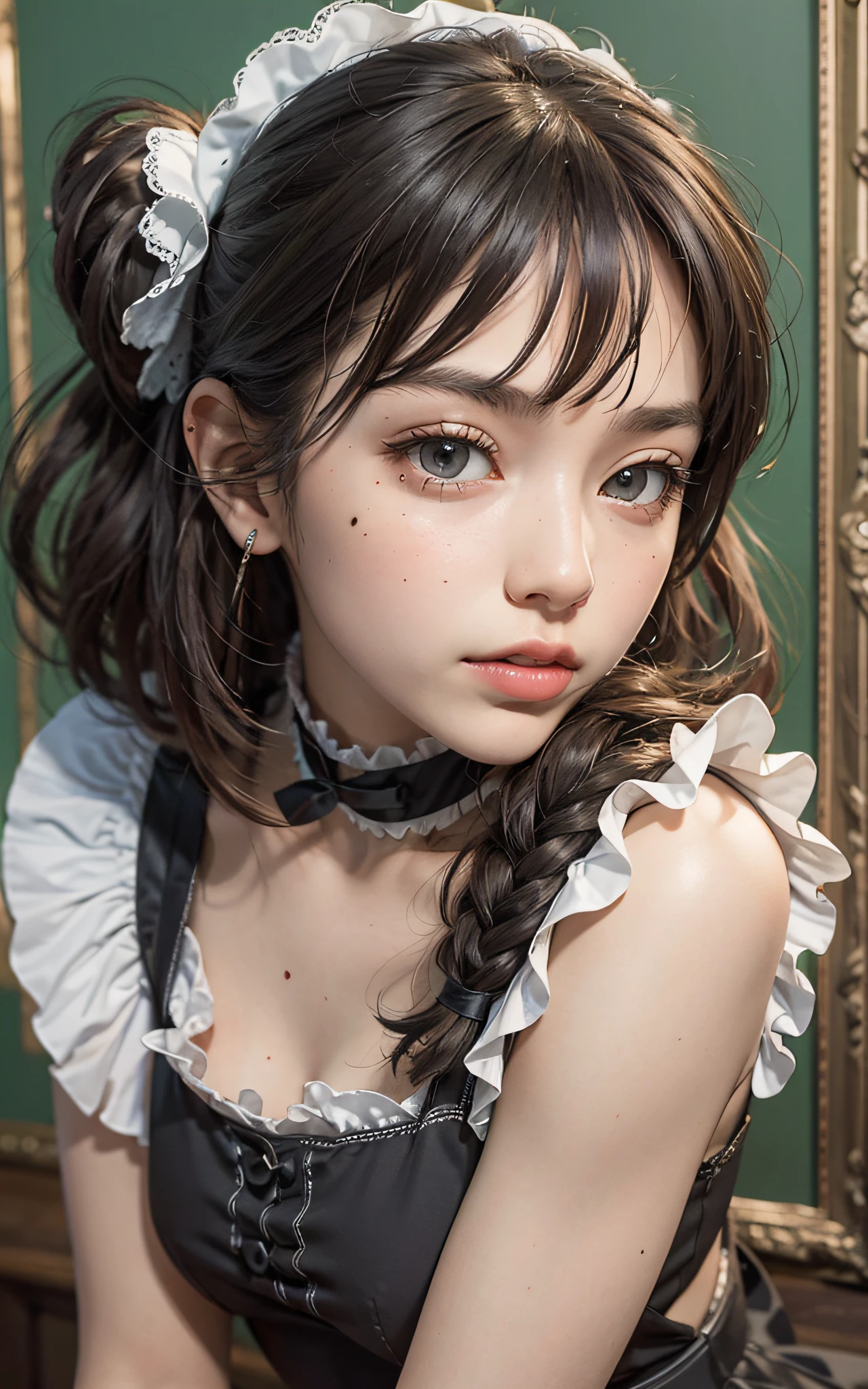 (Raw foto:1.2), ​masterpiece, in 8K, hight resolution, (Photorealsitic:1.4), cowboyshot, extremely detailed eye and face, beatiful detailed eyes, Realistic face, hight resolution, ighly detailed, top-quality, ​masterpiece,  ighly detailed,, magnifica, mansion, top-quality, 电影灯光,  poneyTail, Mole, a 20 yo woman, (ssmile:0.5),  Head dress, a black ribbon, puff sleeves, collars, a choker, Apron with detailed ruffles, Black Maid Costume, full back panties,
