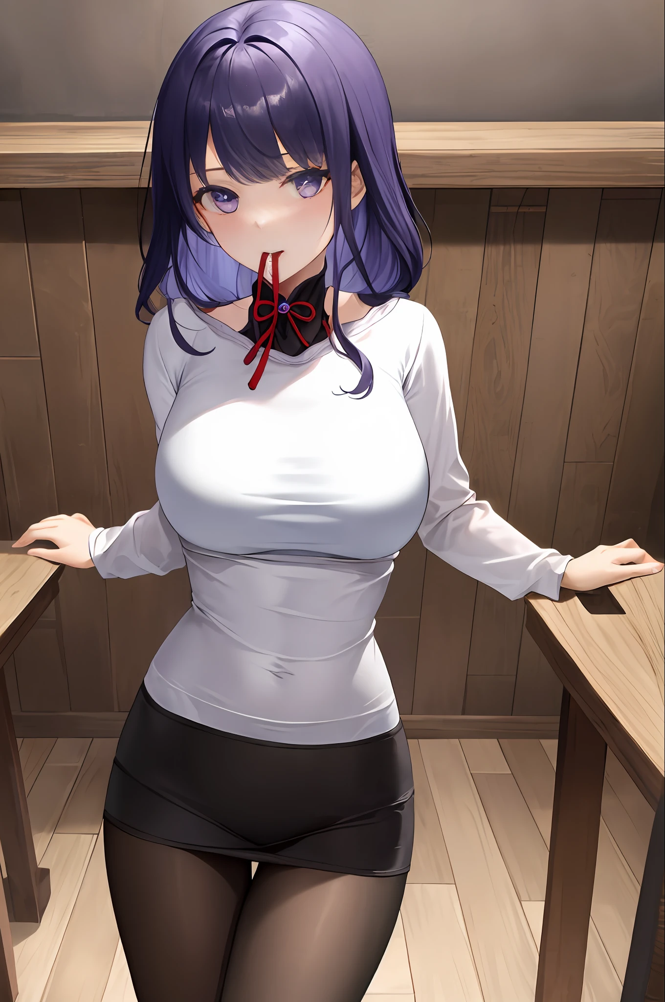 ((masterpiece, best quality)),8k,indoor ,1raiden shogun,mouth_hold,(white shirt:1.2) ,looking at viewer,slim waist,black bra, use pantyhose