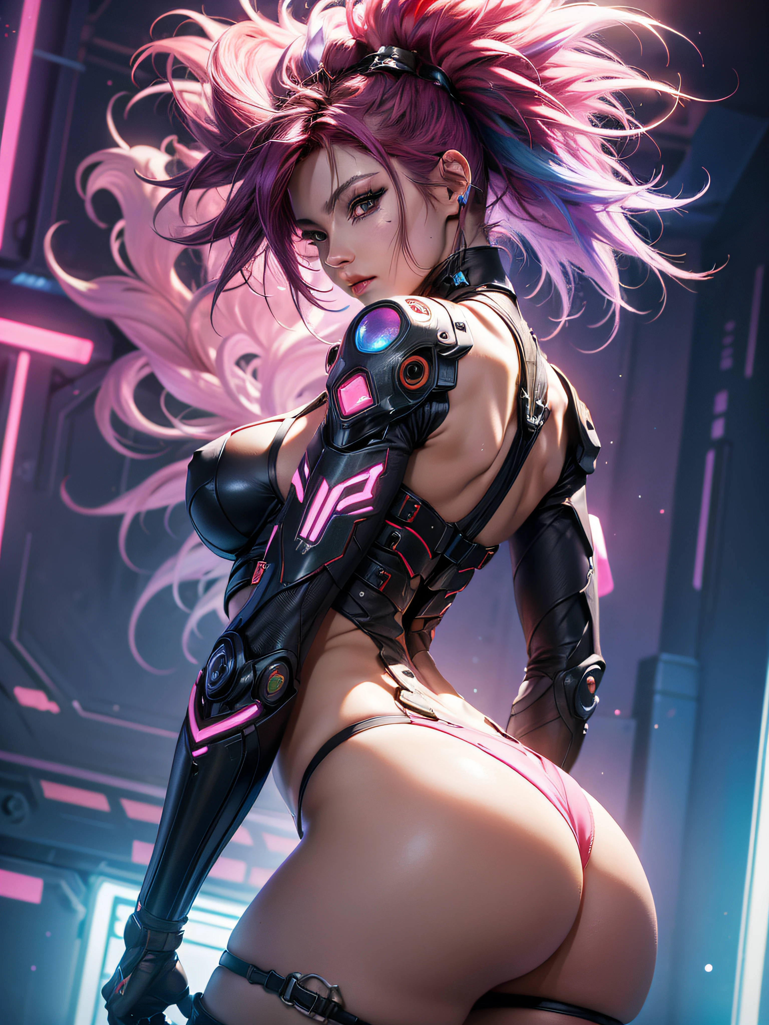 ((Best Quality)), ((Masterpiece)), (Detailed: 1.4), (Absurd), Tank pilot woman ready for war, sparkly skin, the perfect body, defined muscles, half-thick bare thighs, backboob, Perfect ass, closed mouth, only in panties, include stars in clothing, muscled body, covered with technological clothing, Neon Genesis Evangelion style and Honor Impact, ciberpunk, generous cleavage, ((perfect large breasts)), (green eyes without pupils), ((clothing only in white and red colors)), (((purple and pink mohawk hair)))), (thin strips, covering the chest), (Psychedelic tattoo on arms), ((circuit drawings)), short underwear, garter belt, Author: fly, niji --V5, close to the real, psychopath, insane face, sexy pose, background with a giant Gundam style robot head, 2 piece clothes, fractal shoulder pads, pastel, centered, scale to fit the dimensions, HDR (High Dynamic Range),Ray Tracing,NVIDIA RTX,extra high resolution,Unreal 5,Subsurface dispersion, PBR Texture, postprocessed, Anisotropic filtering, Depth of field, Maximum clarity and sharpness, Multi-layer Textures, Albedo and specular maps, Surface shading, Accurate Light-Material Interaction Simulation, Perfectly proportioned, Octane Render, duotone lighting, Wide aperture, Low ISO, White balance, the rule of thirds, 8K RAW, Crysisnanosuit