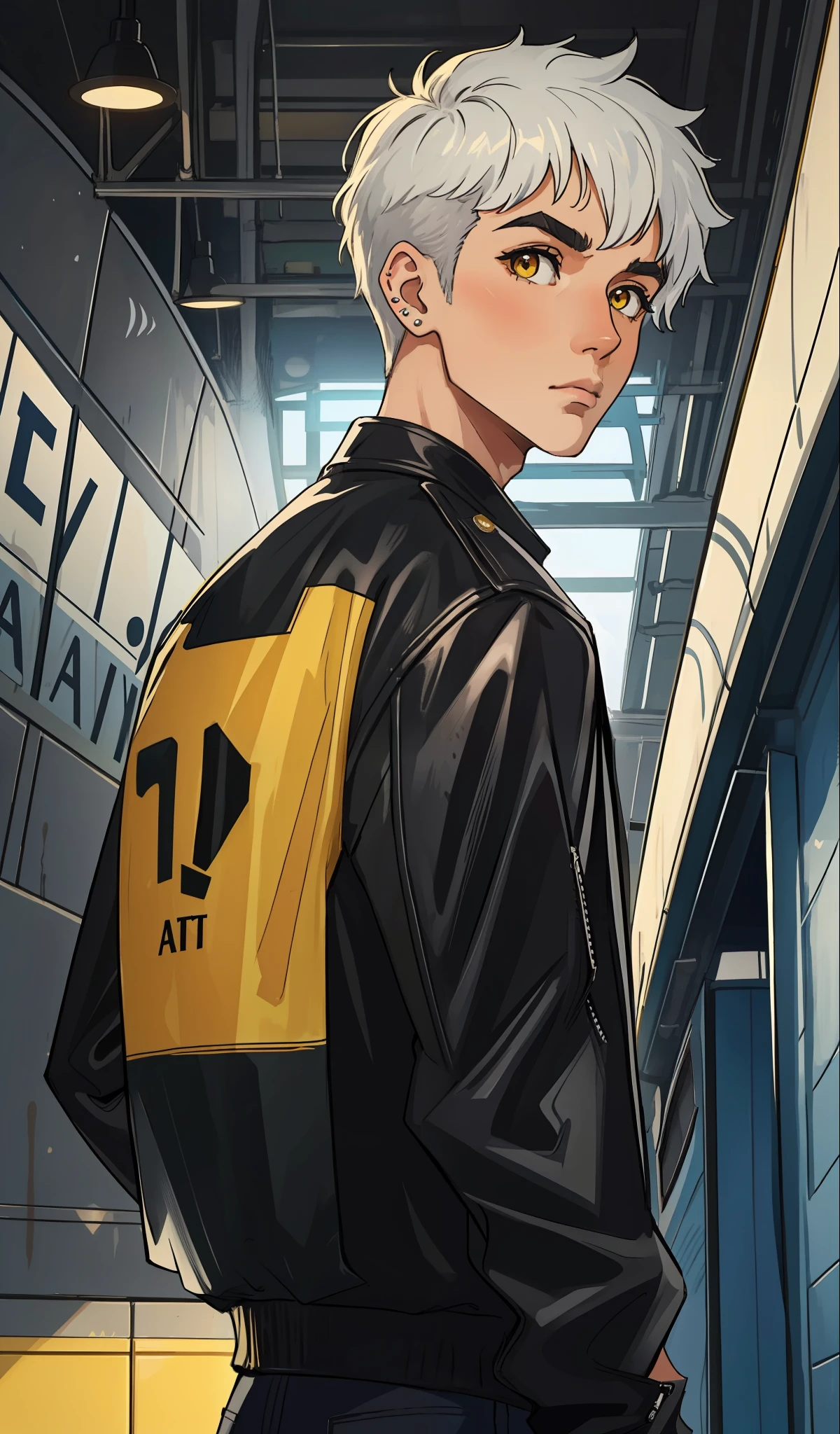 (obra-prima, melhor qualidade), detalhes intrincados, 8k, artstation, papel de parede, arte oficial, splash art, foco nítido,
1 man, short hair above the ear shaved on the sides, yellow eyes, platinum white hair, piercing in the eyebrow and mouth, Looking back, a black leather jacket, short hair cut upwards on the side, Subway station in the background, Print of the subway station in the background, short hair above the ear without bangs, short hair print, a boy, subway in the background