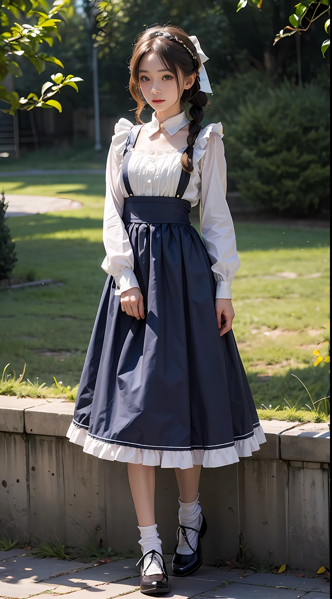 top-quality、masterpiece、超A high resolution、(Photorealsitic:1.4)、Raw photo、女の子1人、British Made、Maid headband with frills、poneyTail、Braiding hair、frilled blouse、Ribbon Ties、pinafore、long skirt、puff sleeves、White silk ankle socks with frills、glistning skin、is standing