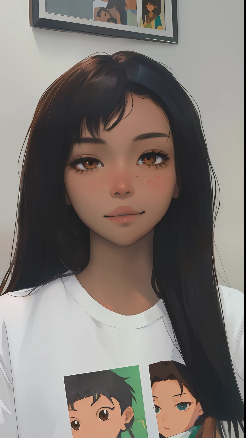 anime girl, brown skin, seductive smirk, 18 year old, long black hair, brown seductive eyes, kpop idol, anime, intricate detailing, clean lines, milf