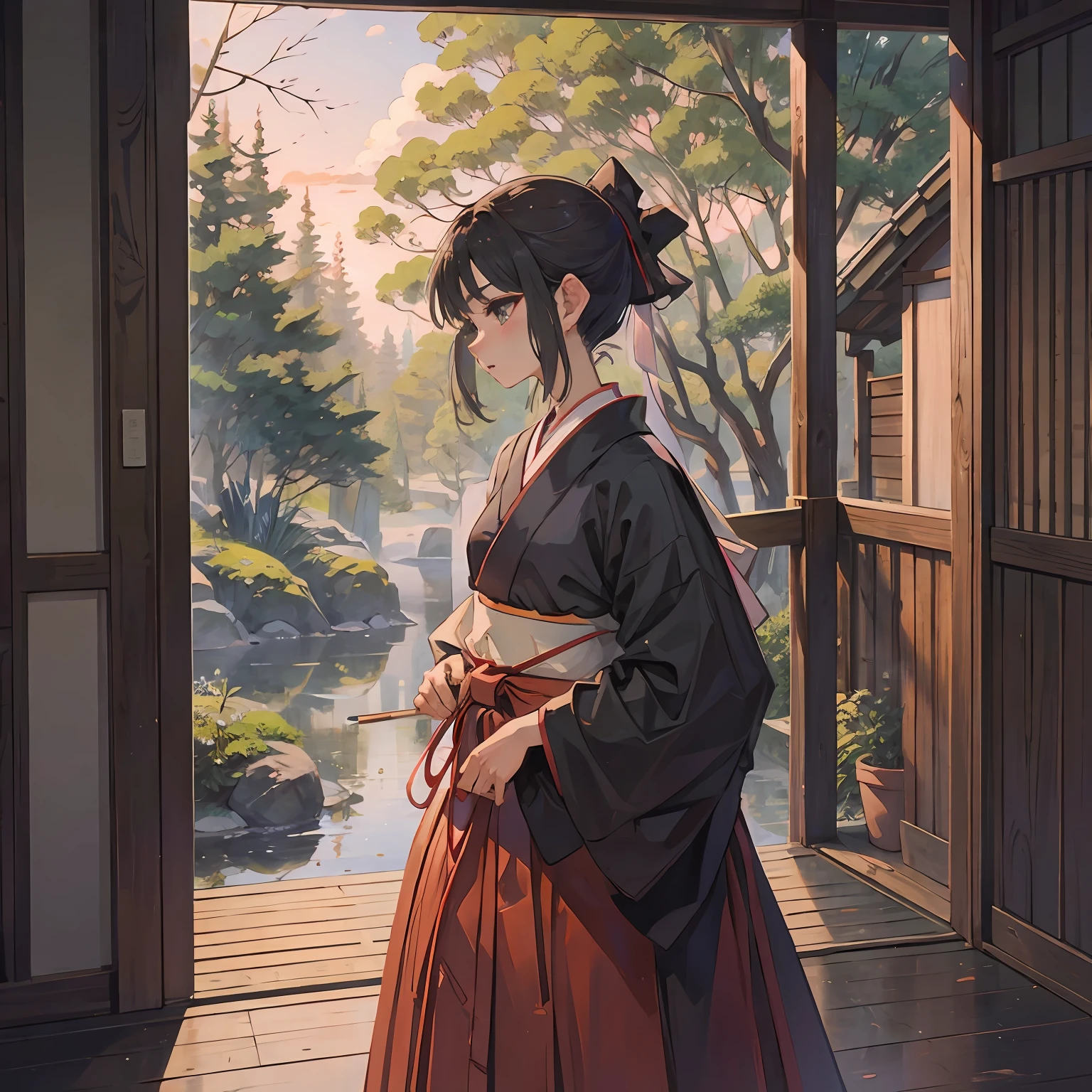 illustratio、Kyudo、girl with、hakama、early evening --auto