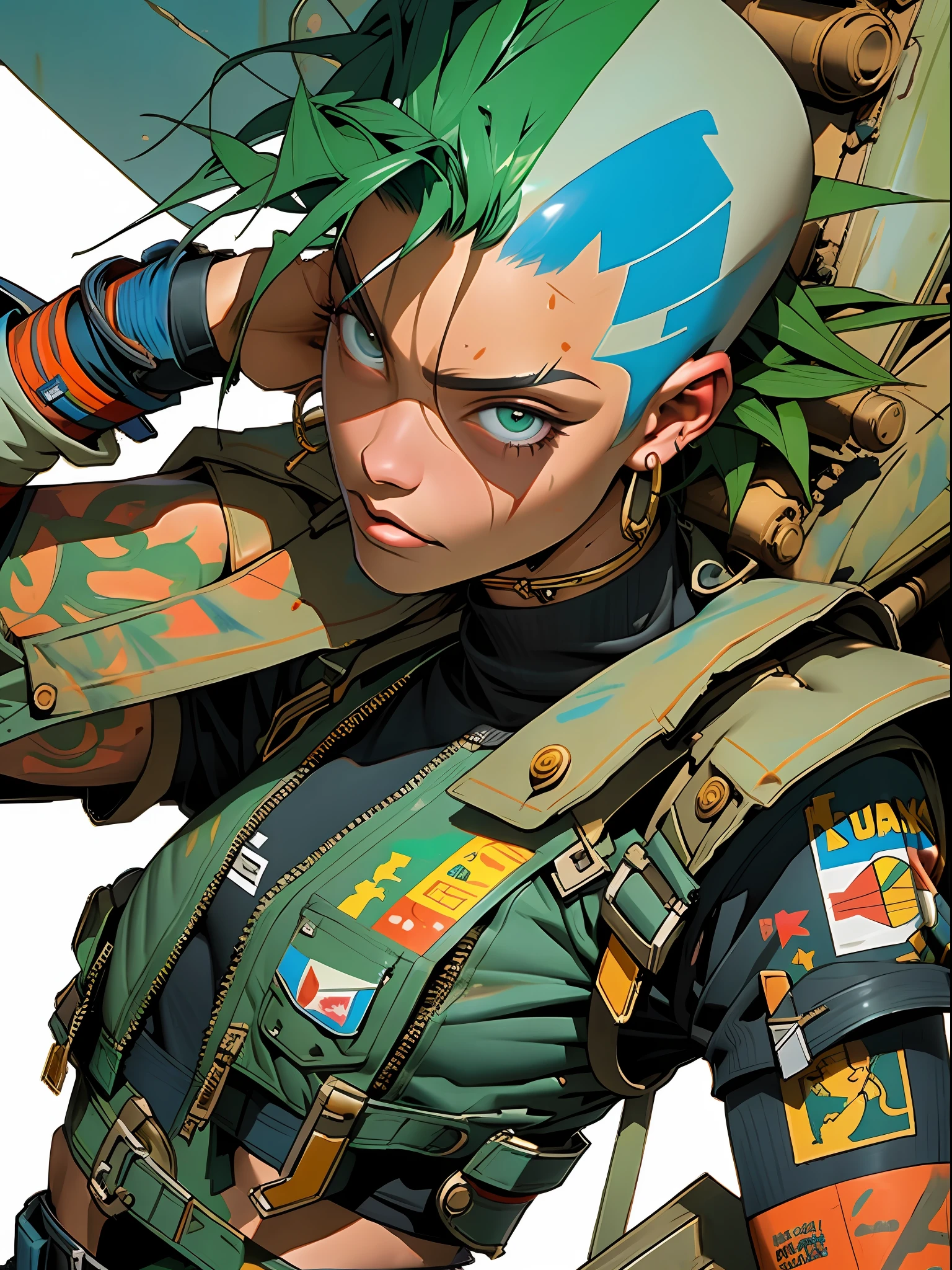 corpo inteiro, master part, best quality, super detalhe, 8k, mulher linda, Tank Girl com cara de maluca, sorriso malicioso , cabelo moicano colorido, Garota Punk, post-apocalyptic world, (( do tanque )), Nijistyle, roupas rasgadas e sujas, moicano curto, sides of shaved head, rosto limpo