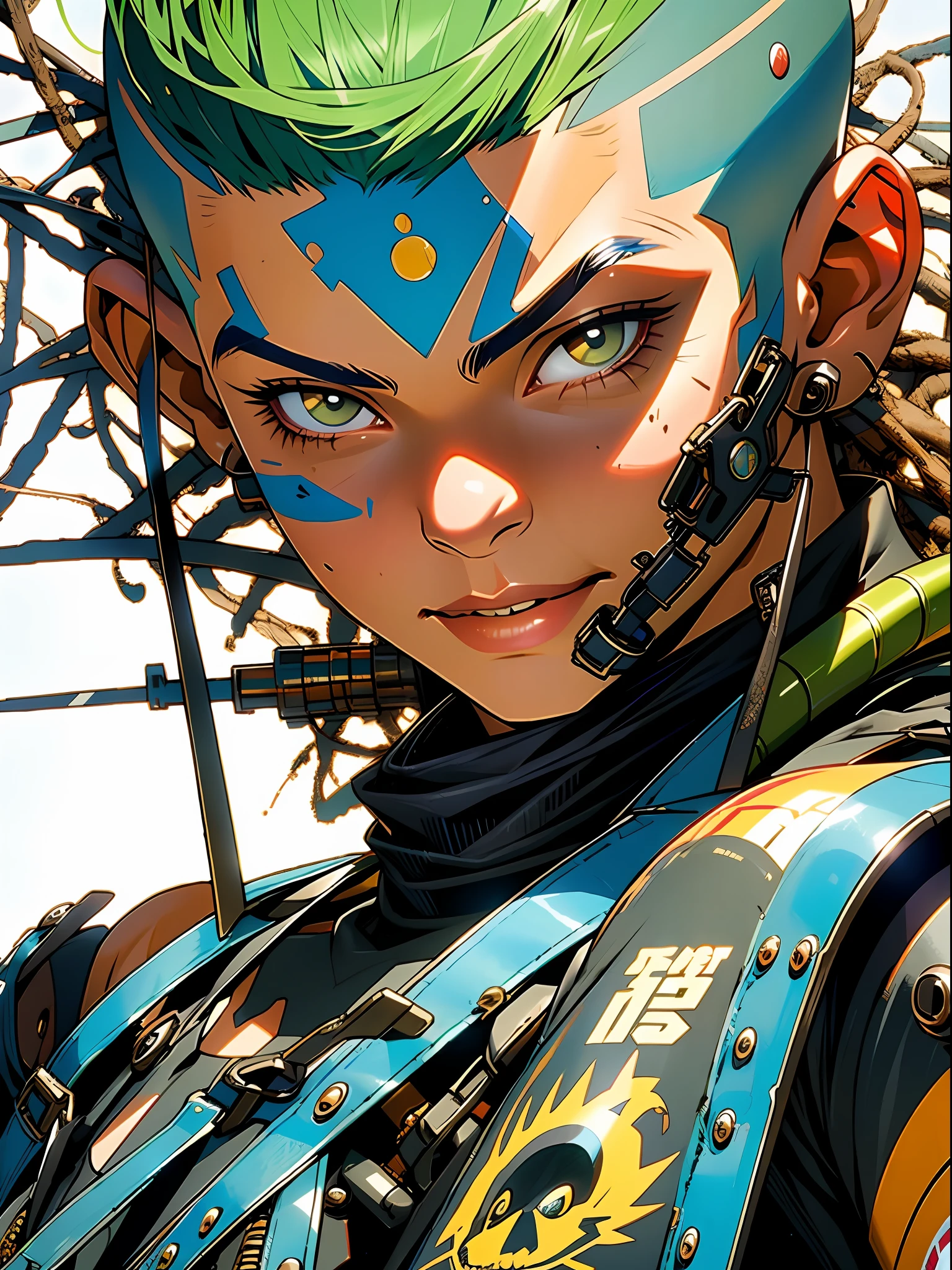 corpo inteiro, master part, best quality, super detalhe, 8k, mulher linda, Tank Girl com cara de maluca, sorriso malicioso , cabelo moicano colorido, Garota Punk, post-apocalyptic world, (( do tanque )), Nijistyle, roupas rasgadas e sujas, moicano curto, sides of shaved head, rosto limpo