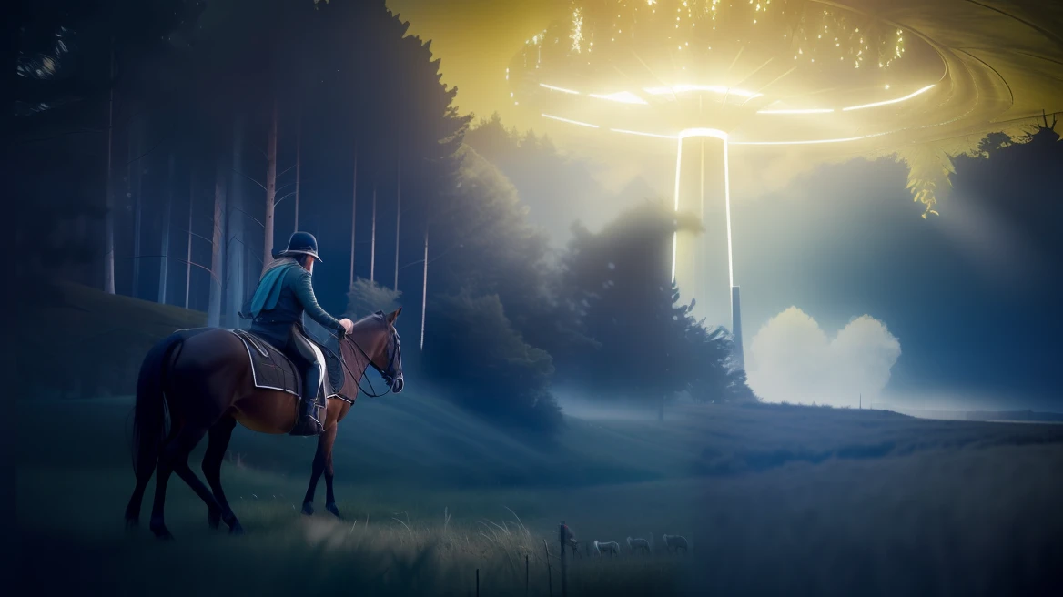 There was a man riding a horse in a field with trees, elden ring cinematic lighting, Eldon ring, elden ring inspired, elden ring class, elden ring capitol, Elden ring style, elden ring official, elden ring boss, elden ring art, elden ring monster, elden ring concept art