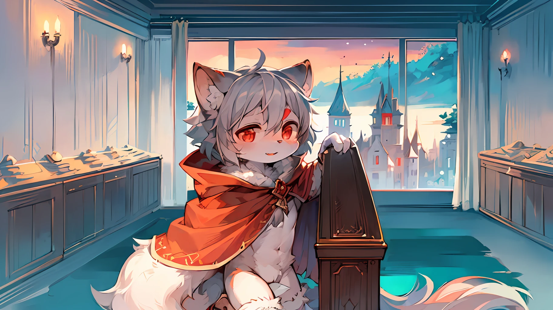 (dark environment:0.8),masterpiece, high quality, absurd res, digital painting \(artwork\), by dagasi, yupa,kiyosan,(anthro,fluffy fur,character focus:1.1),anthro male cat,short hair,portrait, bright eyes,panorama,character focus.(detailed background:0.7),solo,furry,furry male ,male focus,anthr,(Full body fur, fluffy tail, white fur,red eyes,gray hair:1.2),(long canines,vampire, cape:1.2),(interior,night, castle, coffin:1.1)