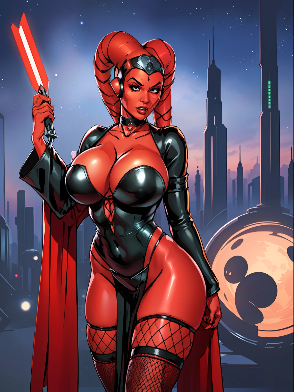 busty, ((red skin), twi'lek), dancing seductively, evil space dancer, (black robes, bodysuit, choker, long skirts, long sleeves, fishnets, thigh-high boots), ((busty), slender body, thin, slim sexy body, slim waist, ((((gigantic breasts))))), Imperial starship, Star Wars,